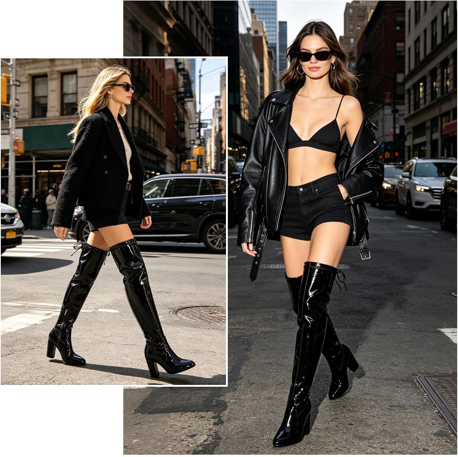 Women's Thigh High Boots Over The Knee Boot Sexy Pointed Toe Chunky Heels Boots Zipper Lace Up Long Boots