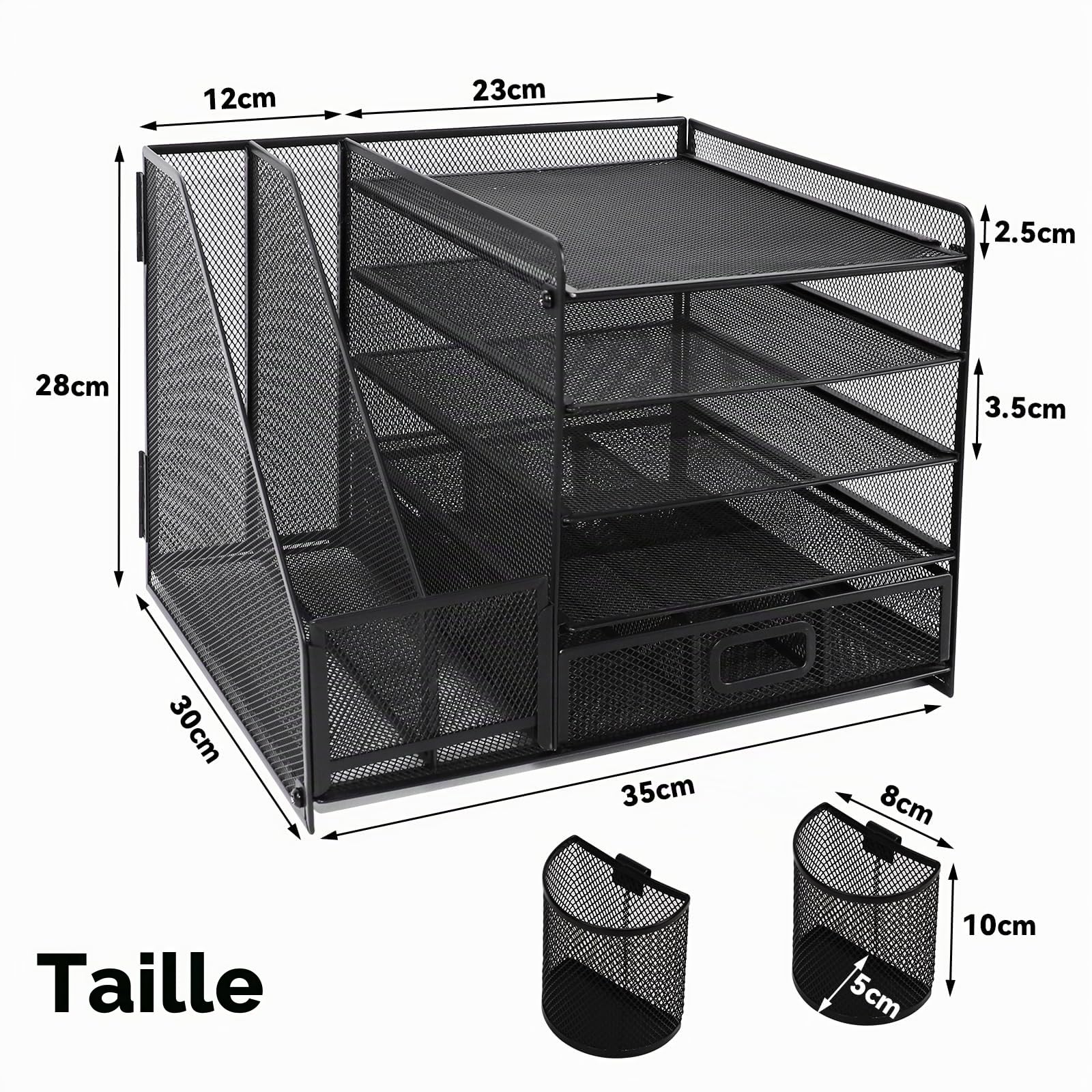 Organiseur de Bureau, 5 Niveaux Porte Documents Bac à Courrier, Compartiments de Rangement avec Tiroir 2 Porte Stylos, en Maille avec Porte Magazine de Bureau