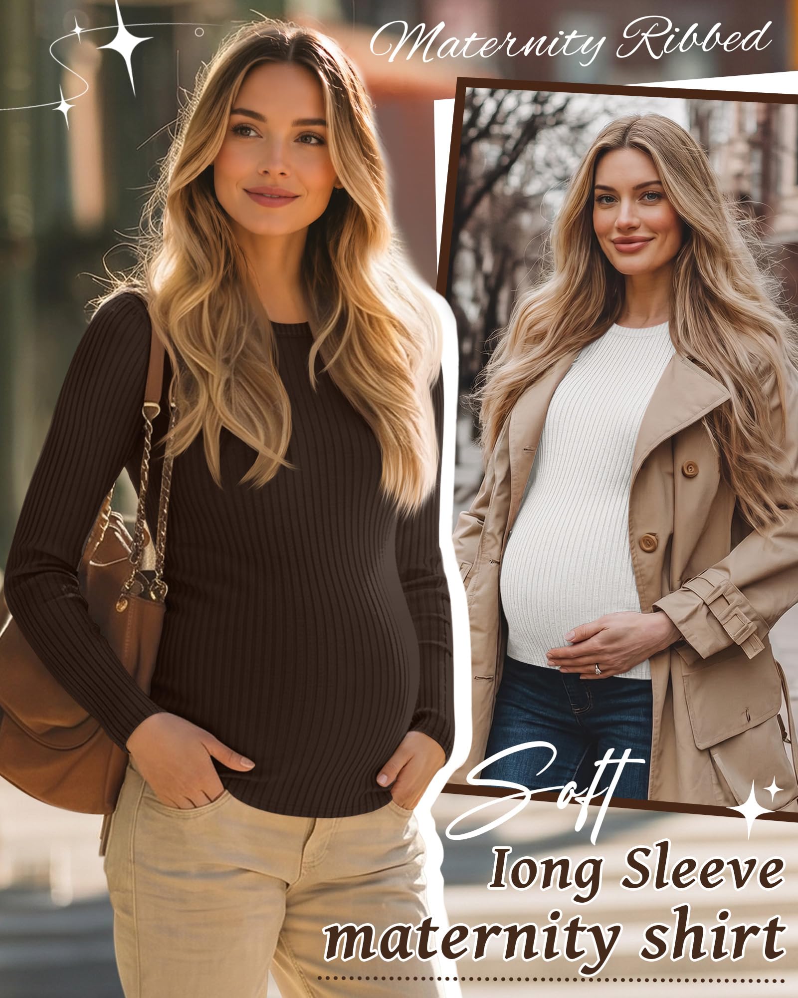 Riyiper Confezione da 3 Magliette Premaman da Donna, Maniche Lunghe, in Maglia a Coste, Tuniche in Cotone, Top Autunnali