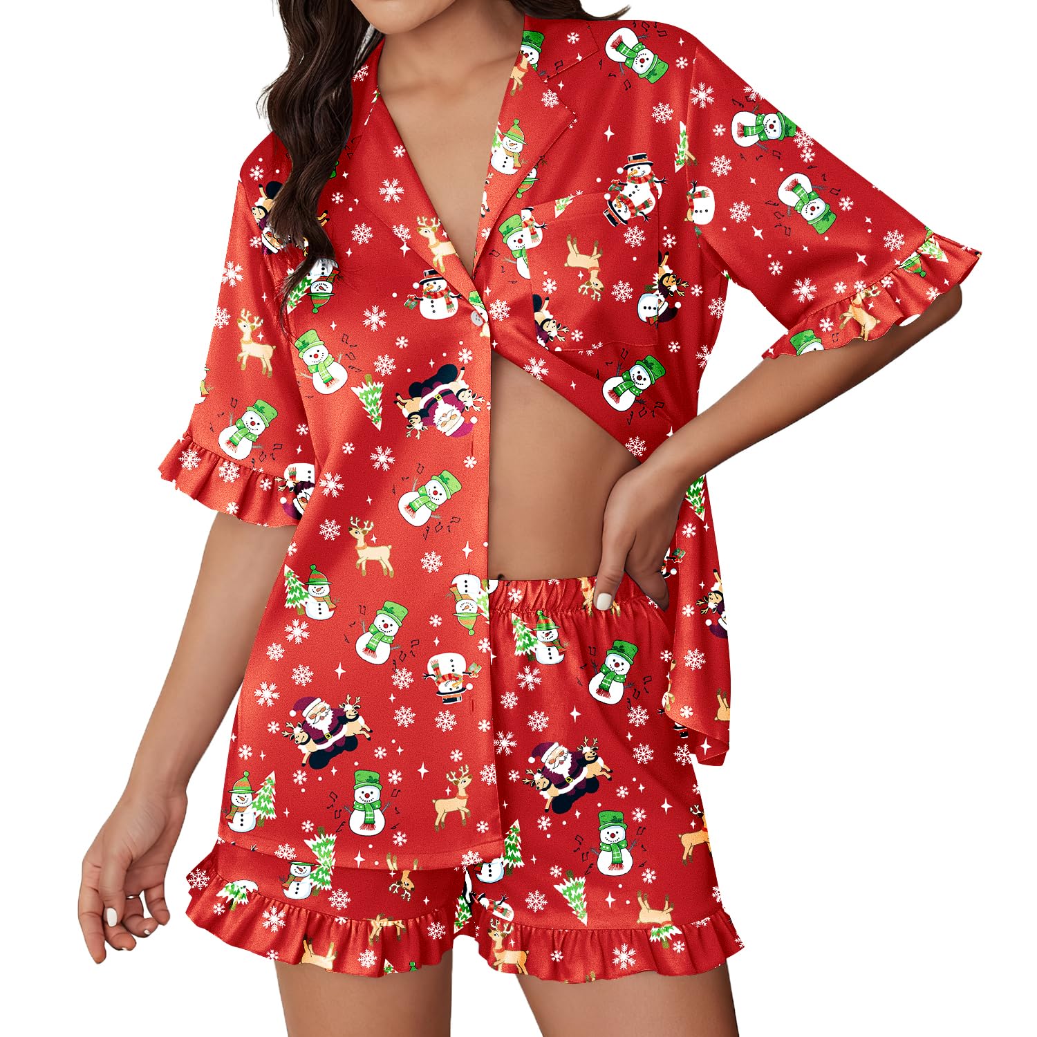 Ekouaer Womens Satin Pajamas Set Button Up Silk Pjs Short Sleeve Shorts Set