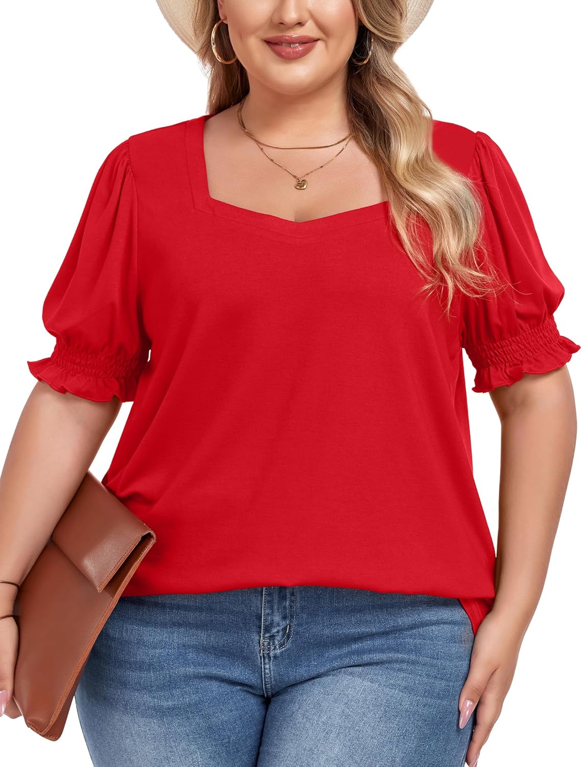 FOREYOND Women's Plus Size Summer Tops Puff Short Sleeve Blouses Square Neck Dressy Tunics Loose Casual T Shirts