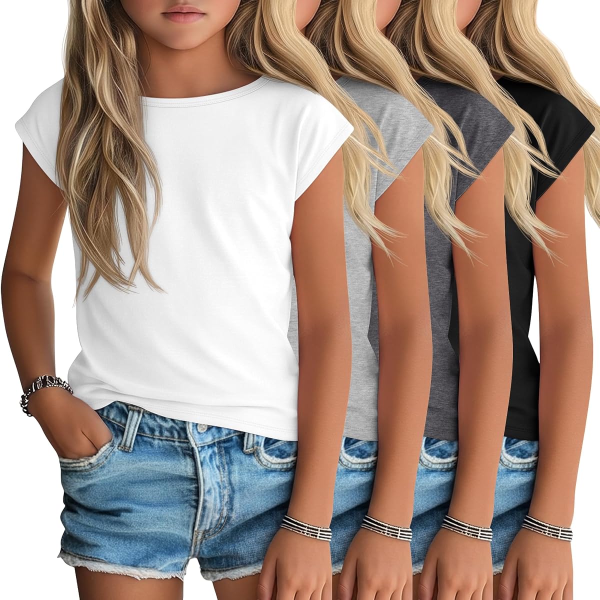 4 Pack Girls Boat Neck Basic Tees