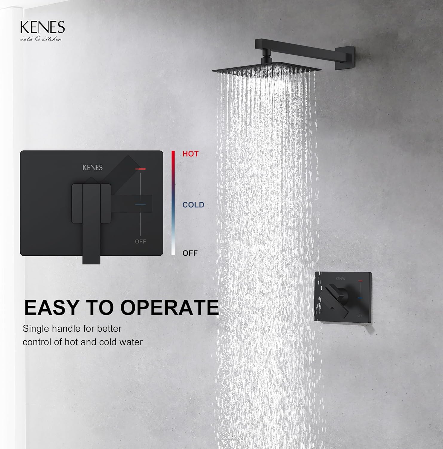 KENES Matte Black Shower Faucet with 10-Inch Shower Head and Handle Set, Square Shower Faucet Set Bathroom Rainfall Shower System Wall Mount, KE-6024B-2 (Shower Valve Included)