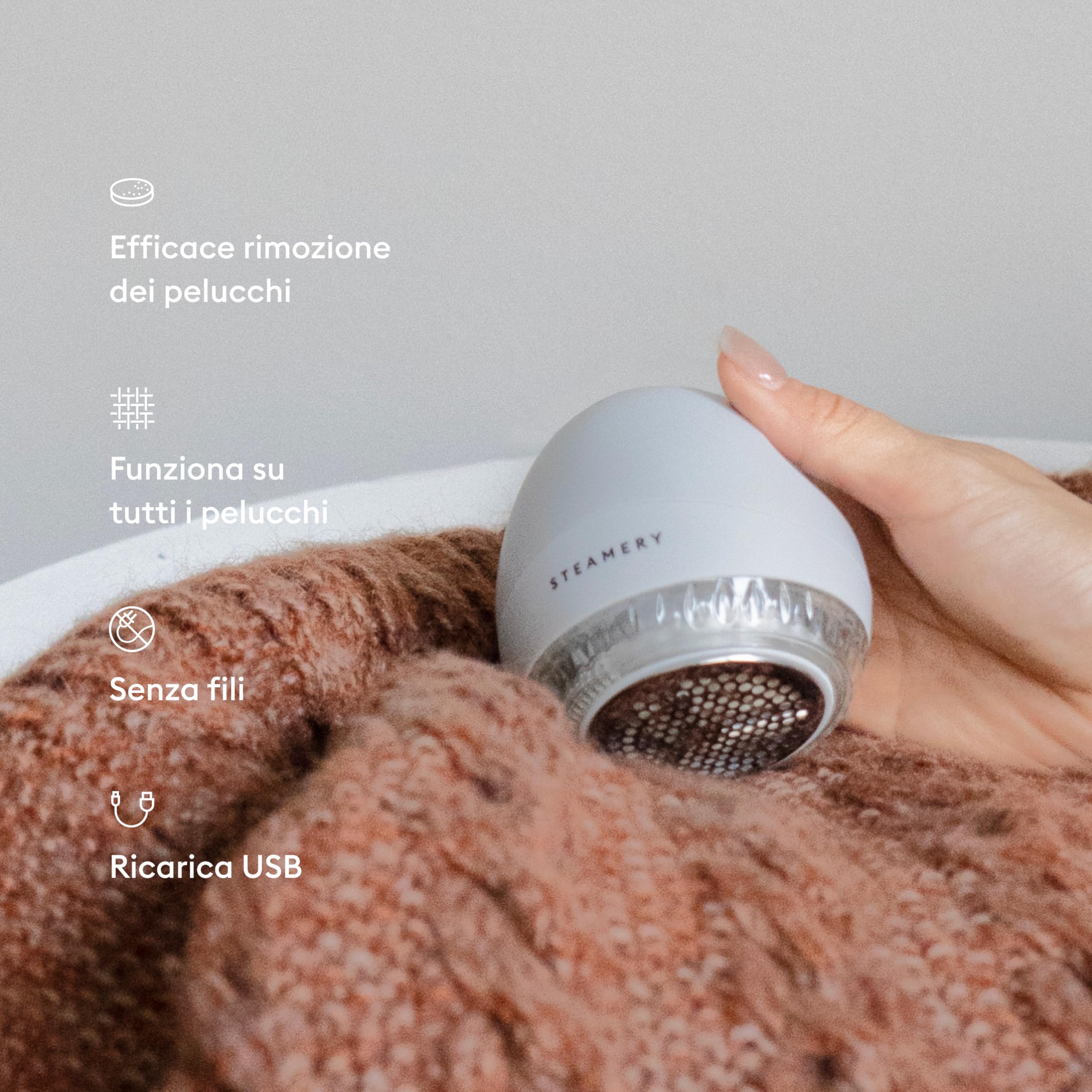 Steamery Levapelucchi Pilo 1, togli pelucchi e lanuggine, 5 W, portatile, ricaricabile, ergonomico, design scandinavo, Grigio