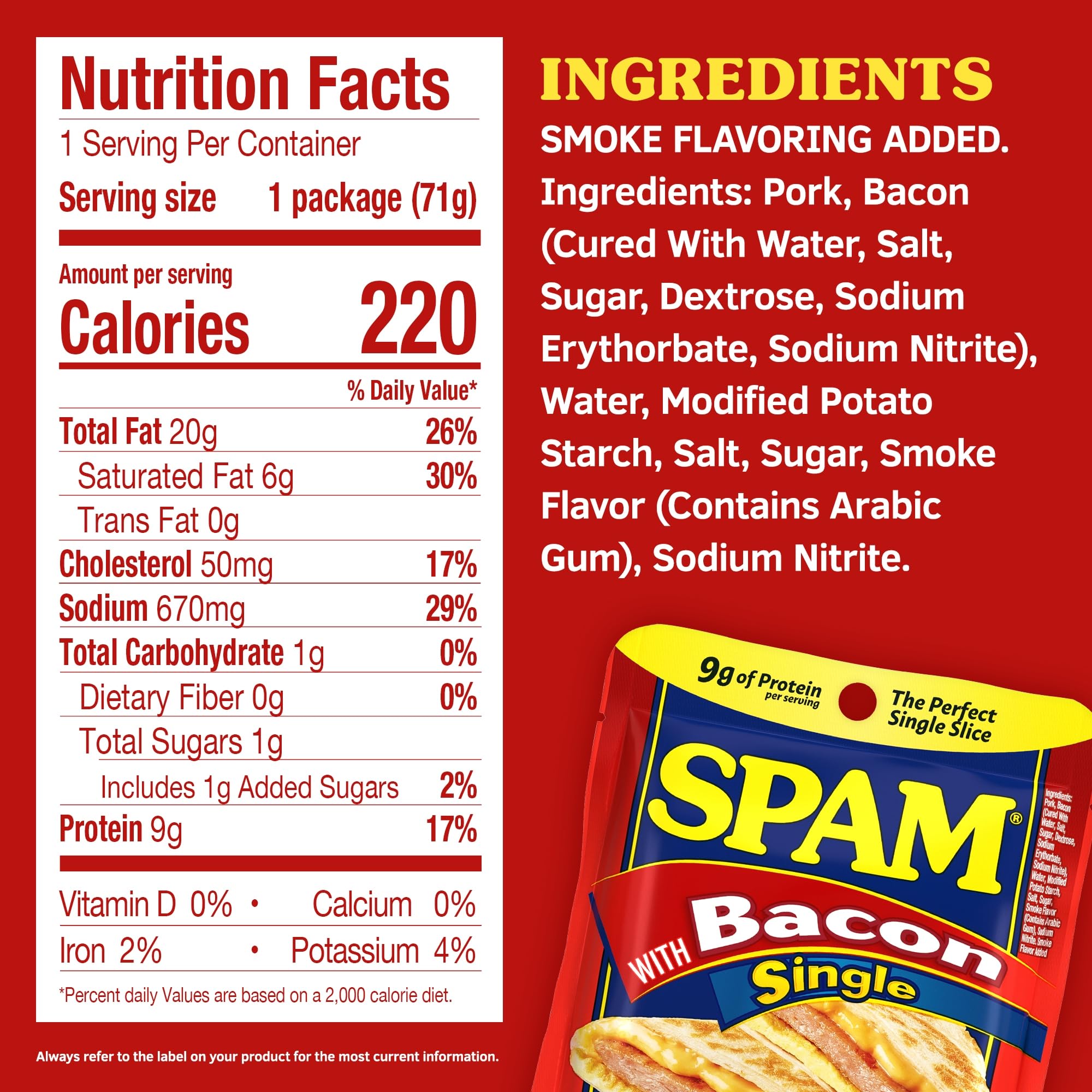 SPAM Single Bacon 2.5oz Individual Pouch (Pack of 12) Fully Cooked Pork and Ham, 9g of Protein, 0g Trans Fat, Low Carb, Keto-Friendly, Gluten Free, Easy Open Pouch, Perfect for Sandwiches & Breakfast
