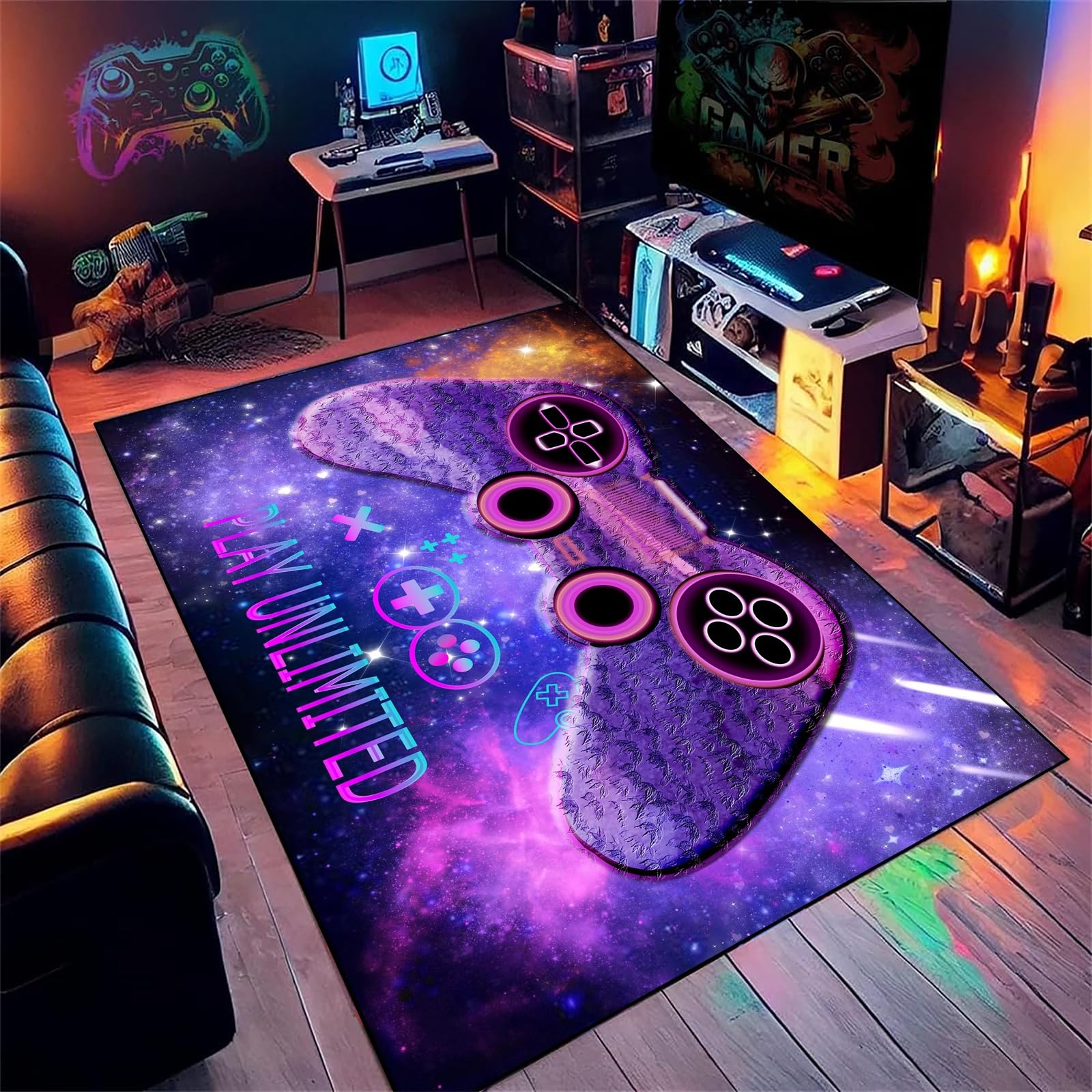 AOESELN Purple Large Gamepad Area Rug,100x150cm Indoor Area Rugs,Rectangular Printed Carpet,Kids Gaming Area Rugs,Boys Bedroom Rug,Soft Washable Non-Slip Mat,for Living Room,Bedroom and Study Room
