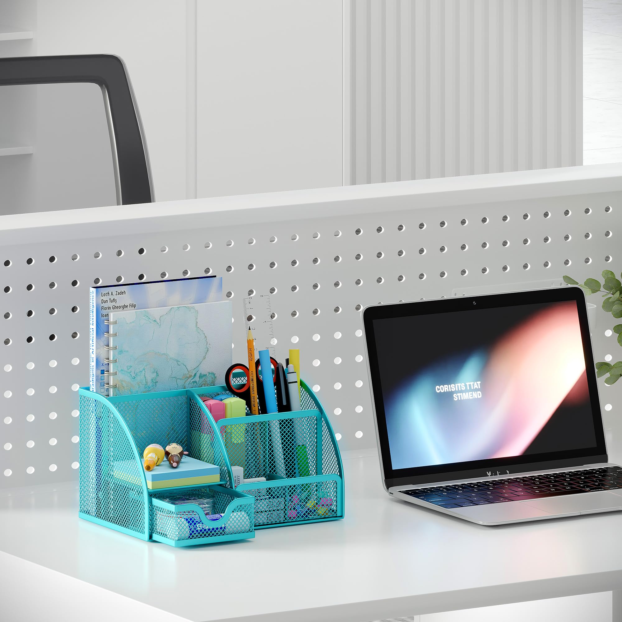 EasyPAG Portapenne da Scrivania 7 Compartimenti Metallo Rete,Organizzatore Scrivania,Porta Cancelleria,Portaoggetti per Ufficio & Casa,Blu
