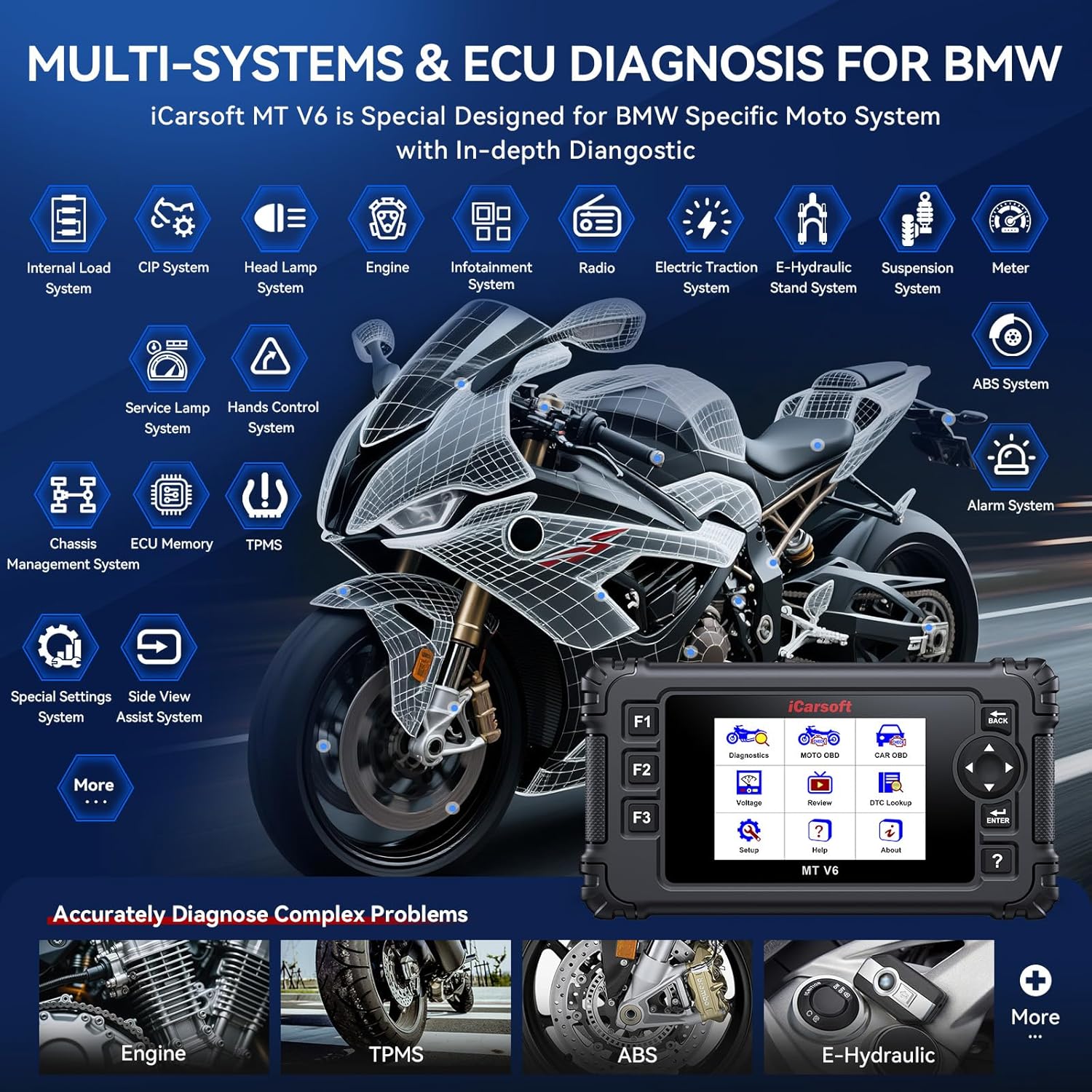 iCarsoft MT V6 Motorcycle Diagnostic Tool for BMW Full System/115 Reset/197 Actuation Test, Motorbike OBD2 Scanner+Car Engine Code Reader, ABS Bleeding/Throttle Valve adaptation/10-Pin Adapter