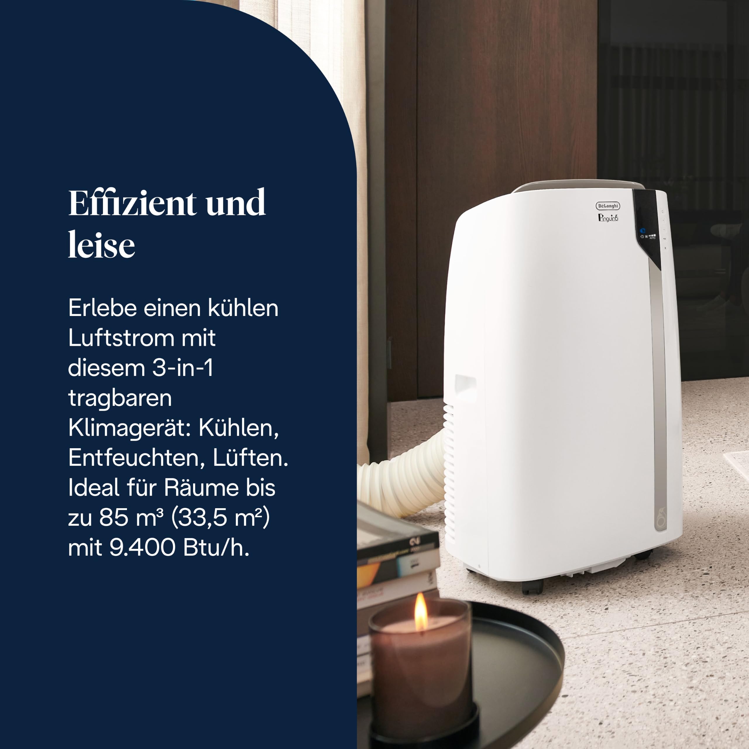 De'Longhi Pinguino Extreme - Mobiles Klimagerät, für Räume bis 33,5 m², mit Luftentfeuchter & Ventilator, 8900 BTU, Leiser Betrieb, Eco-Real-Feel, 24h-Timer, Energieeffizienzklasse A+ (PACEX93)