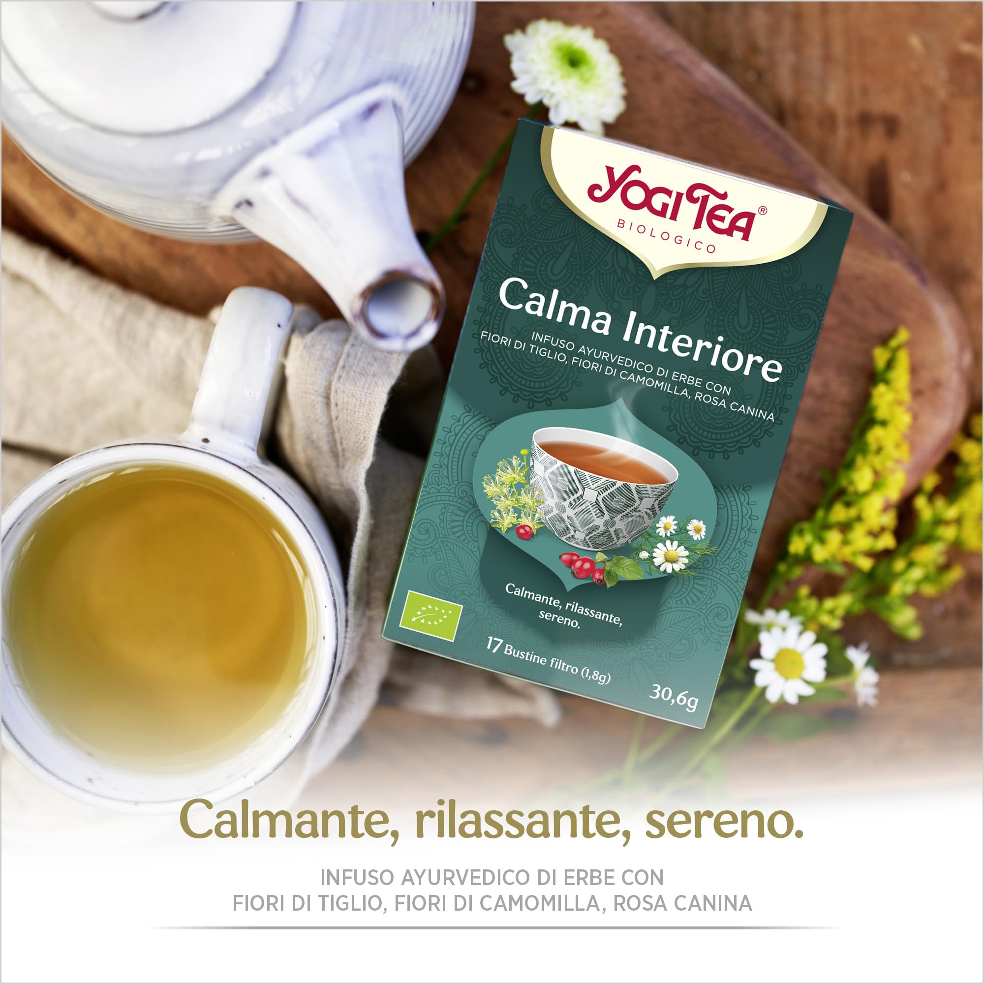Yogi Tea Calma Interiore Bio - Infuso Ayurvedico - Miscela di Fiori di Tiglio, Camomilla e Rosa Canina - Senza Caffeina - Confezione da 6x17 bustine (102 bustine in totale)