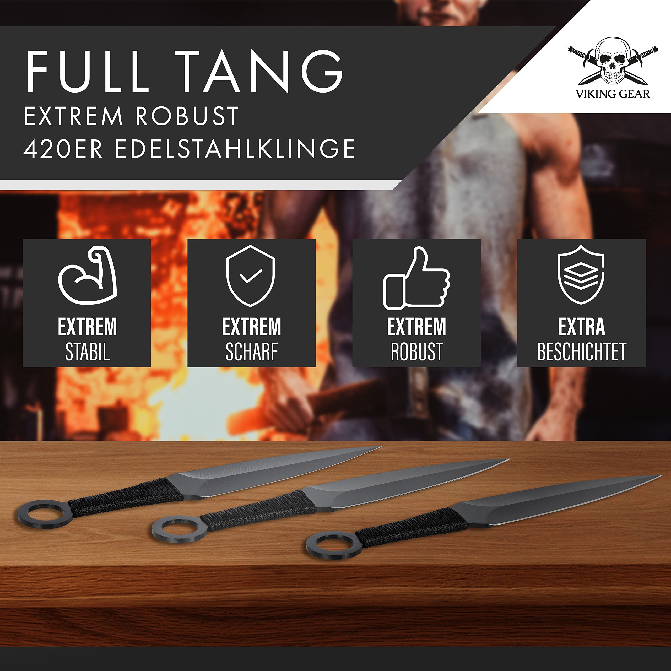 VIKING GEAR® 6X EXPENDABLE Wurfmesser Profi Kunai ca. 22,5 cm - Throwing Knife - Trainingsmesser - Gürtelmesser - Wurfmesser Set inklusive Holster aus Nylon - schnelles Werfen Messer schwarz Edelstahl