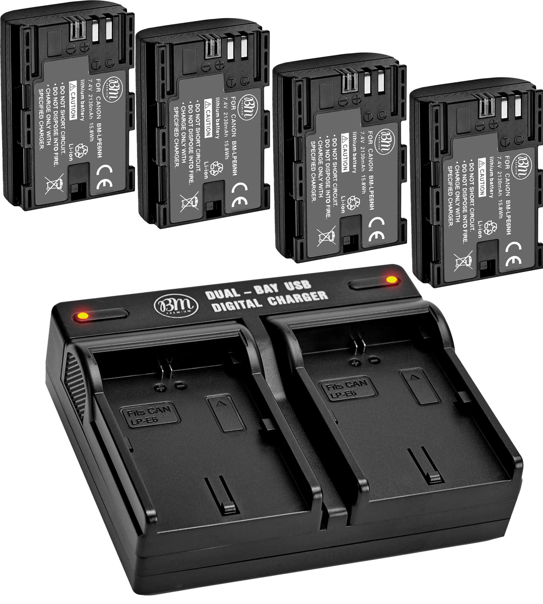 BM Premium 4 Pack of LP-E6NH High Capacity Batteries and Dual Bay Battery Charger for Canon EOS R EOS R5 EOS R6 EOS R6 II EOS R7 EOS 90D EOS 60D EOS 70D EOS 80D EOS 6D II EOS 7D EOS 7D Mark II Cameras