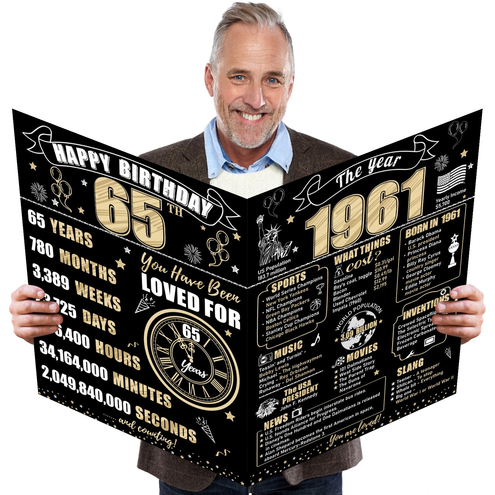 Turypaty Large 65th Birthday Card With Envelope for Boys Girls, 1961 Black Gold Happy 65th Birthday Giant Guest Signature Book Gifts, Big Vintage 1961