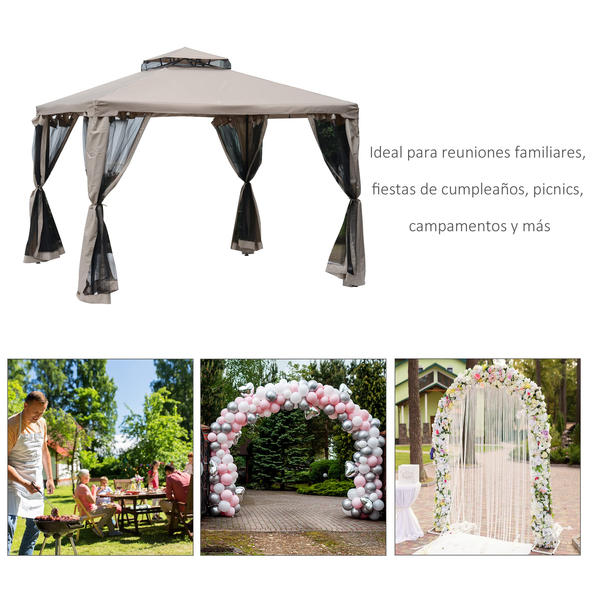 Outsunny Cenador de Jardín 3x3 m Pabellón de Exterior con Doble Techo de Ventilación 4 Cortinas Mosquiteras Laterales con Cremallera 8 Orificios de Drenaje Gazebo para Fiestas Patio Marrón Pardo