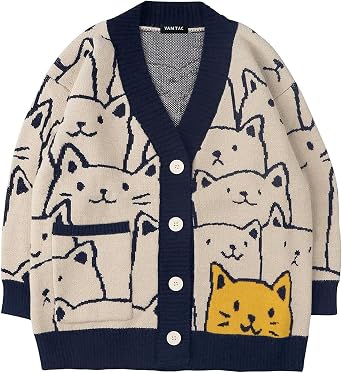Vamtac Cat Cardigan Sweaters for Men Fall V-Neck Cardigans 2026 Oversized Button Long Sleeve Sweater