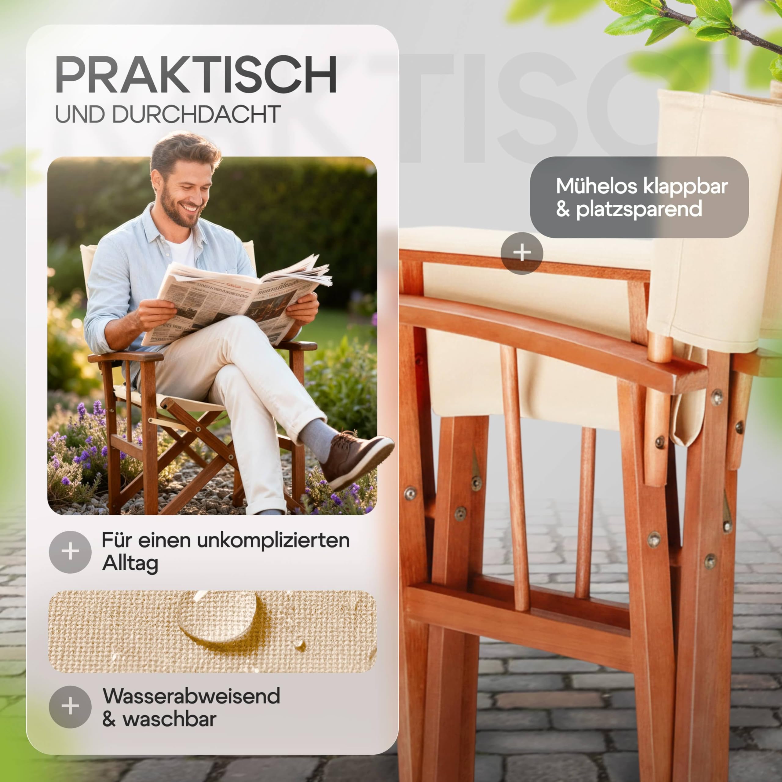 CASARIA® Silla de Director Plegable Set de 2 Madera de Eucalipto Certificación FSC® con Reposabrazos Carga hasta 160 kg Funda Lavable Altura Asiento 46 cm Exterior Jardín Balcón Camping