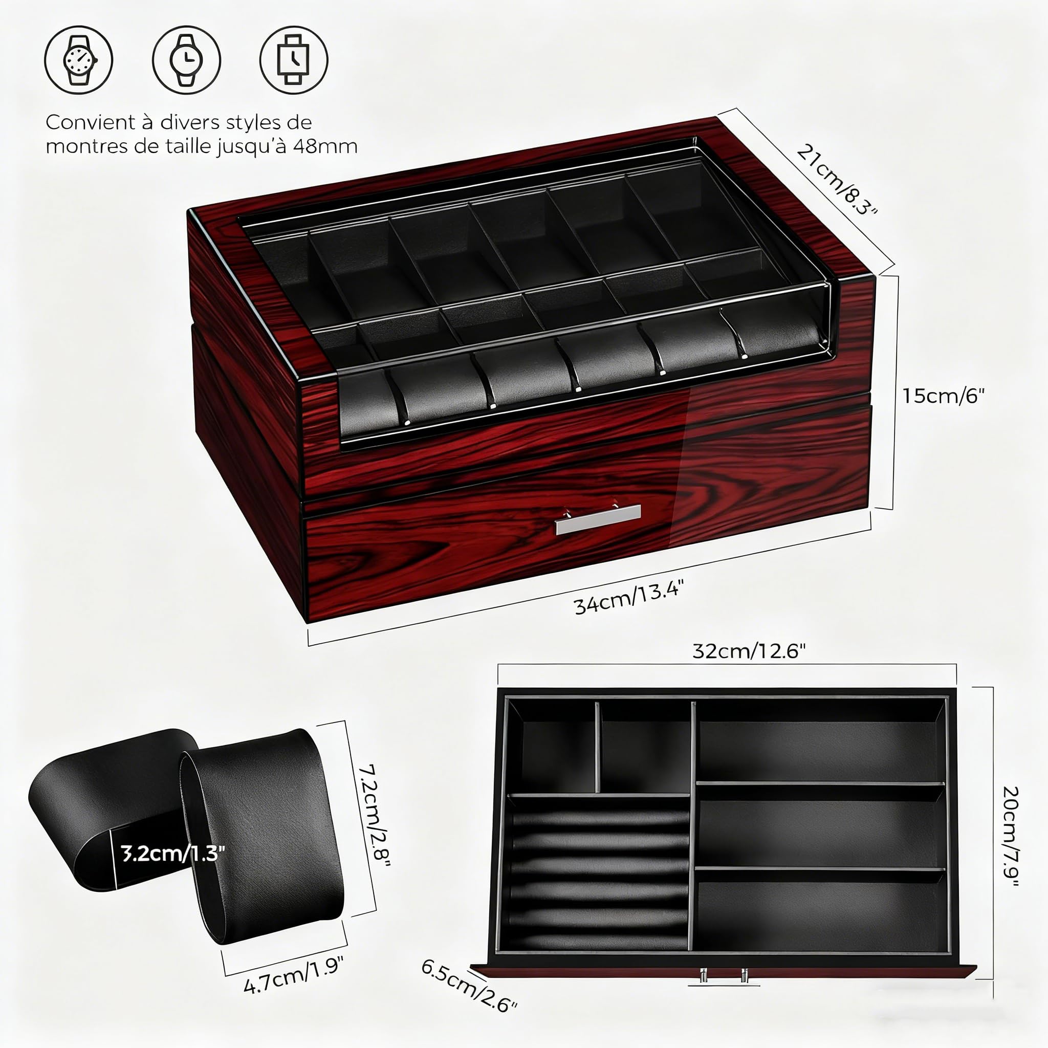 ANWBROAD Boite a Montre Homme 12 Emplacements Couches de Peinture avec Couvercle en Verre Boite a Bijoux Homme Coffret Doublure en Similicuir Cadeaux Luxueux pour Hommes et Femmes JWB005Y