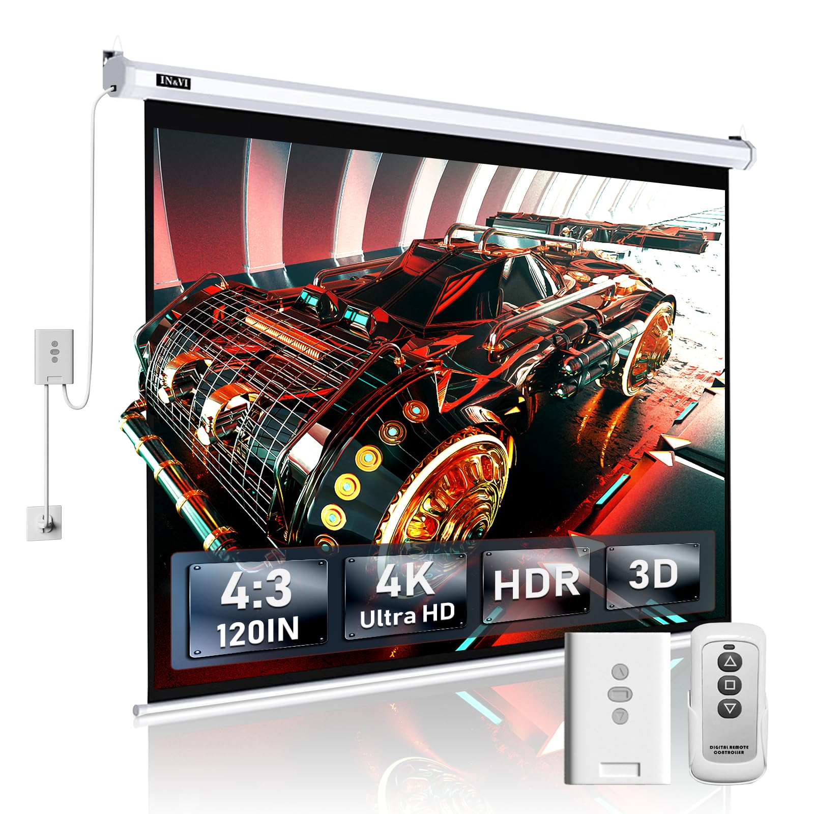 in&vi projector screen motorized,electric projector screen movie screen 4k hd for home theater education indoor w/remote control and wall/ceiling mount (120 inch/4:3)