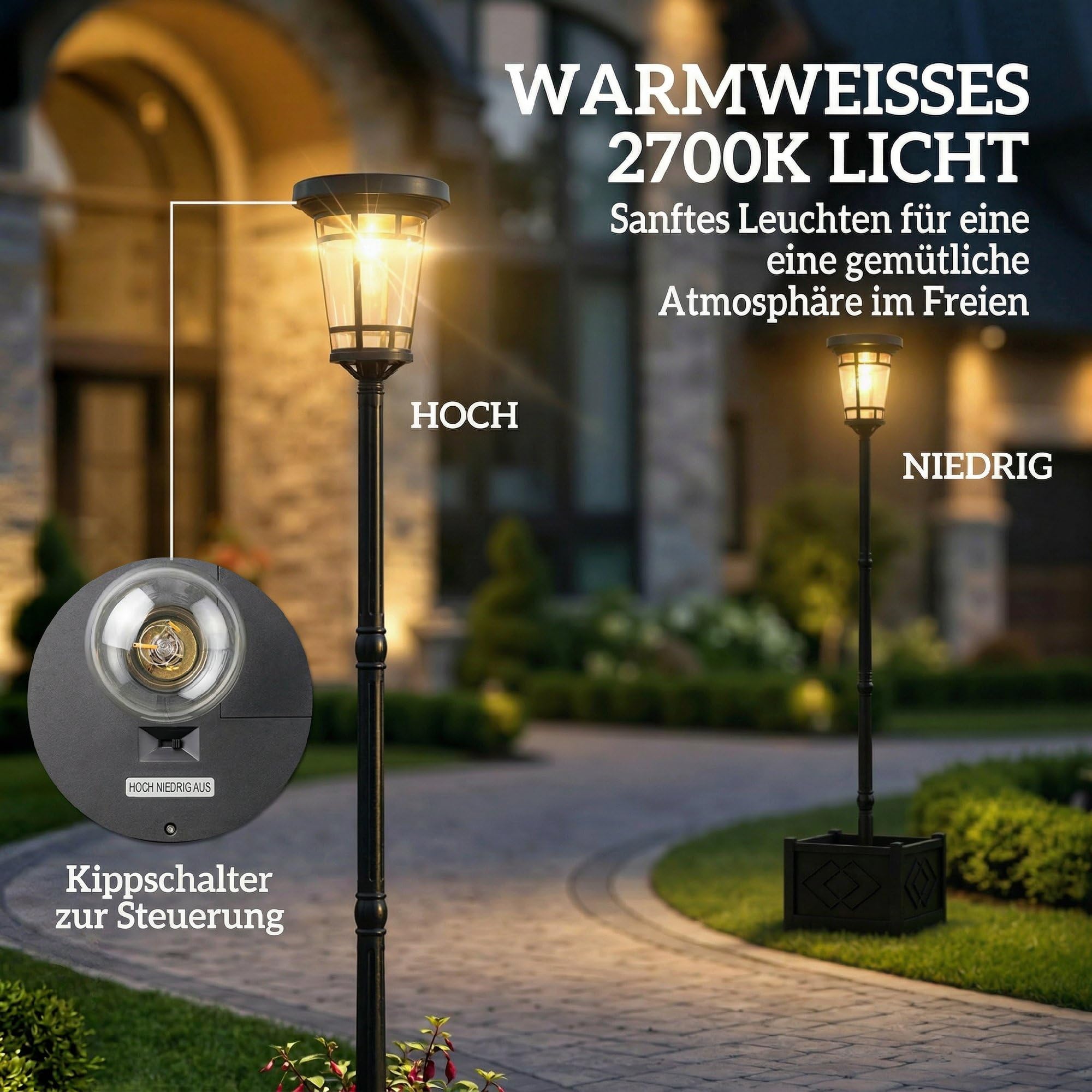 Outsunny Solar Laterne Stehleuchte mit Blumentopf 195cm IP44 2 Helligkeitsstufen Lichtsensor