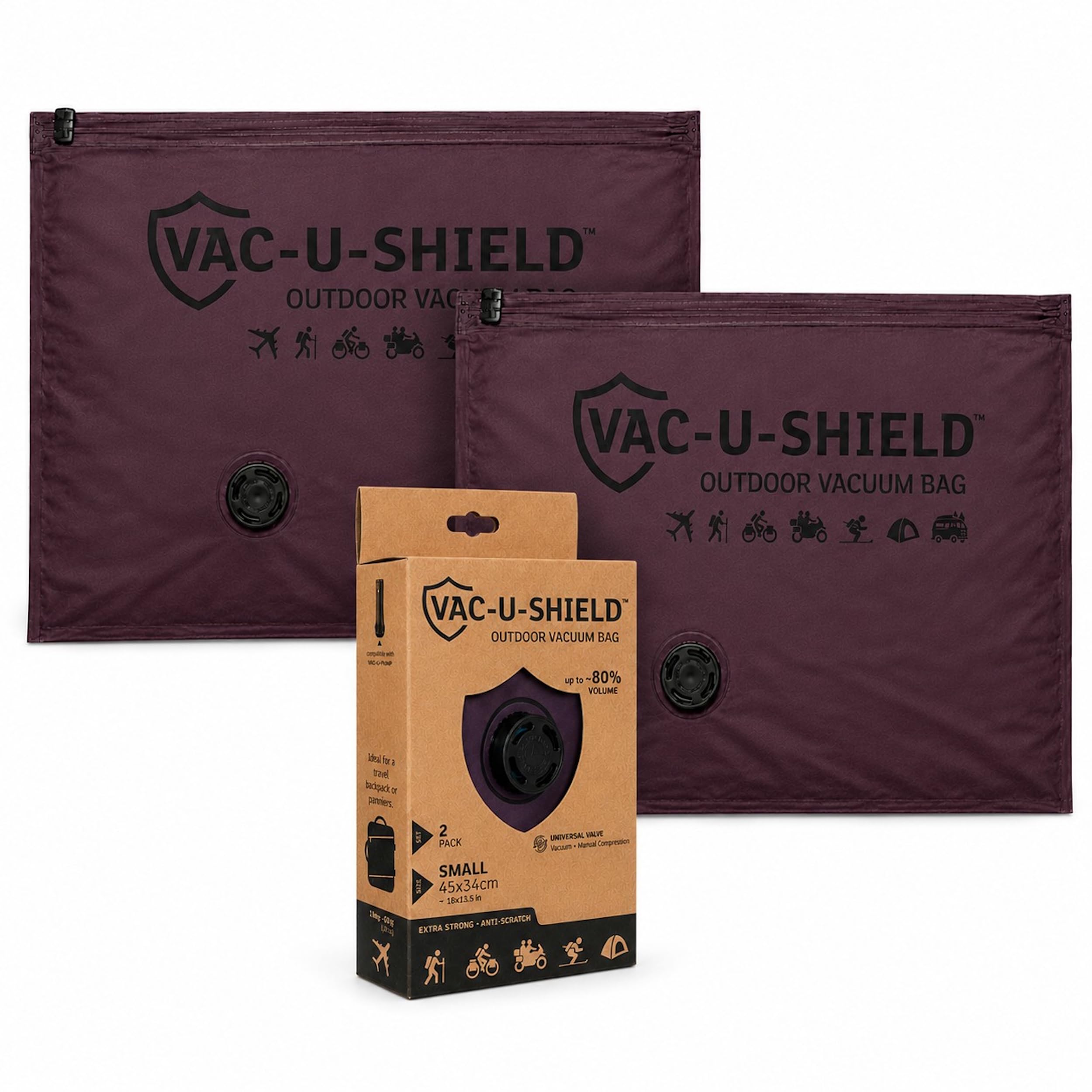 Lavatelli Vac-u-Shield Vacuum bags for clothes, travel accessories & suitcase organizer. Premium space saver bag for travelling, anti-scratch fabric. Small 45x34 cm, Set of 2, Dark Red-image-49