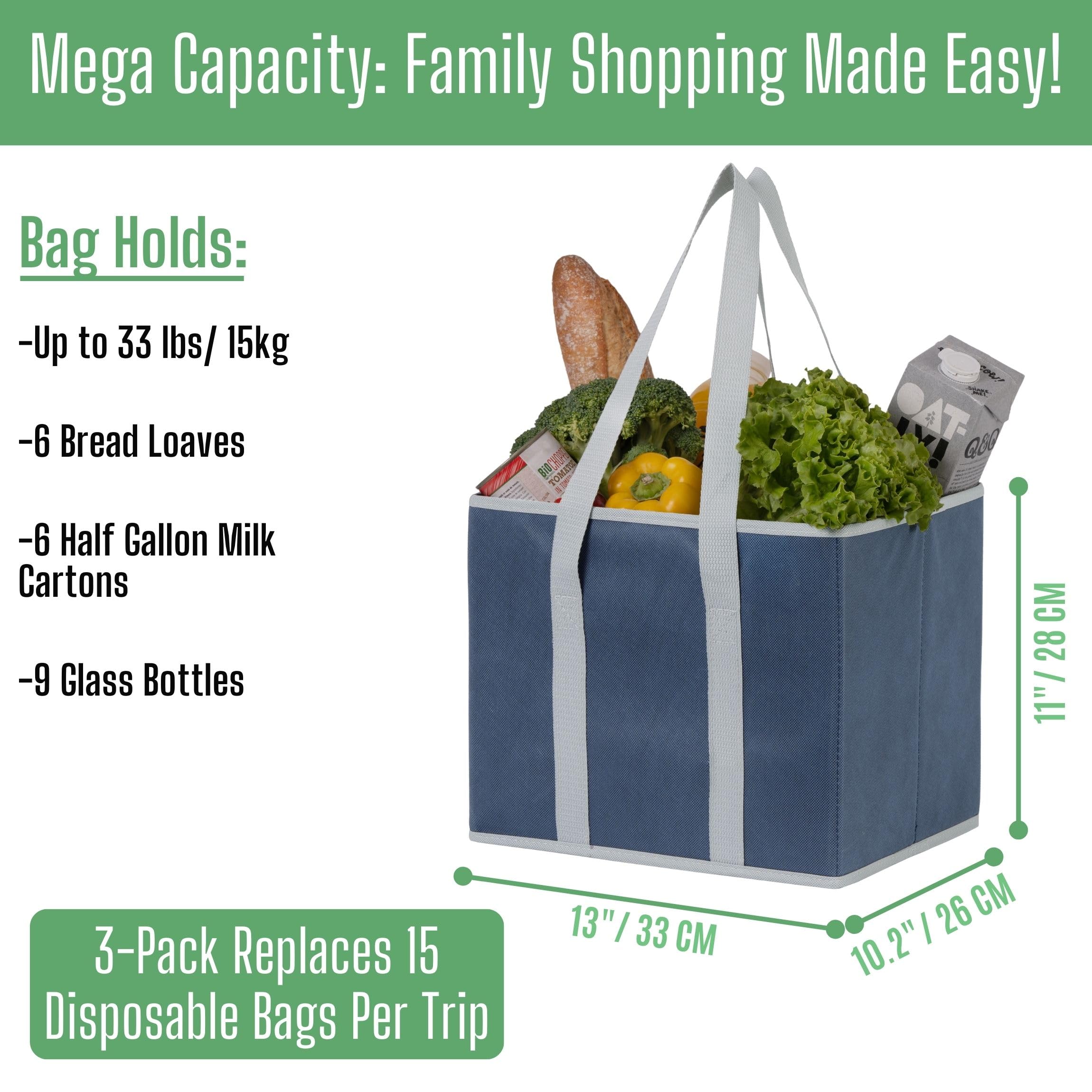 VENO 3 Pack Reusable Grocery Bags, Shopping Bags for groceries Utility Tote with Handles and Hard Bottom - Image 2