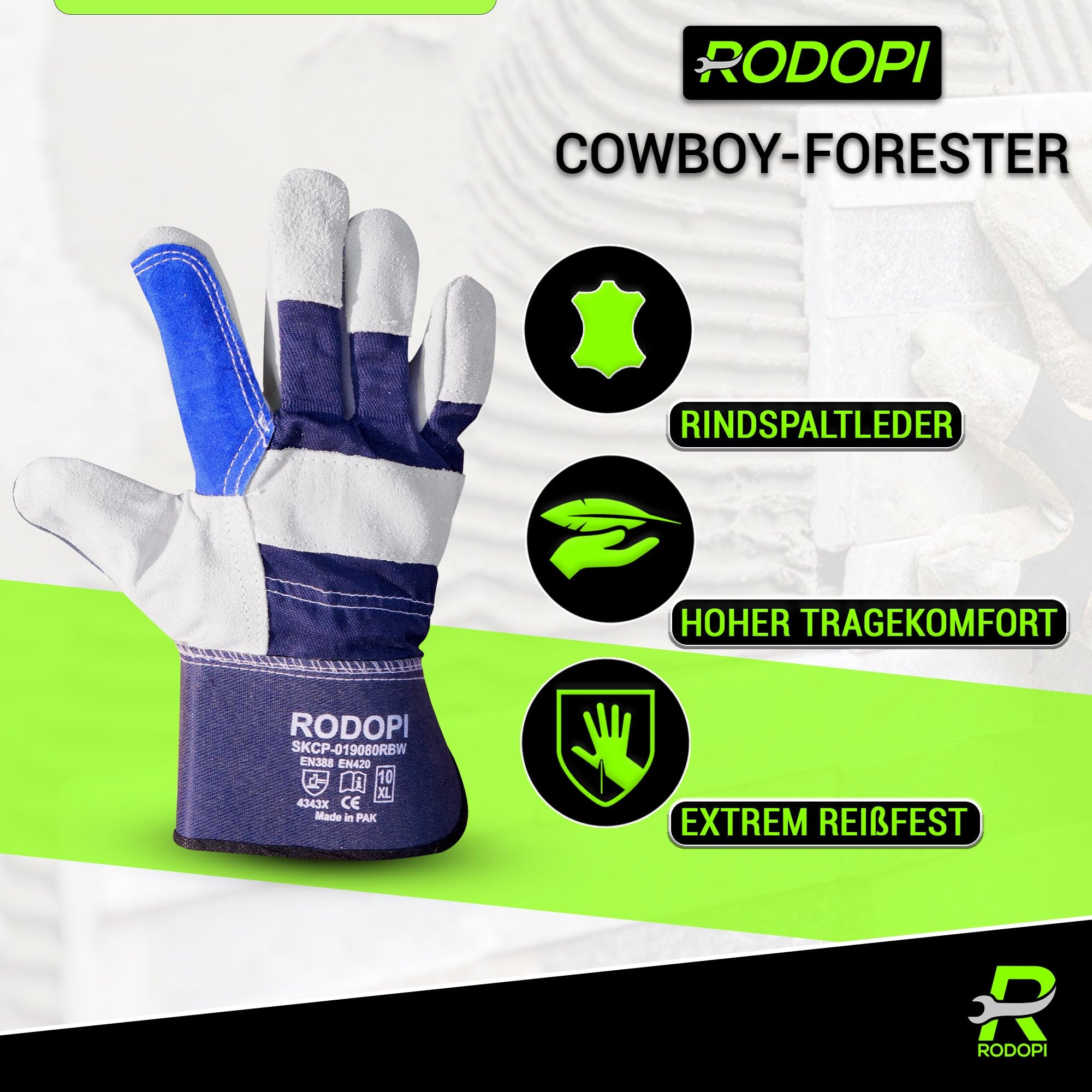 RODOPI Leder Arbeitshandschuhe Cowboy-Forester für Herren und Damen Bauhandschuhe Gr.9-10 Rindspaltleder Gartenhandschuhe dornenfest EN 388:2016 (100 Paar, 9)