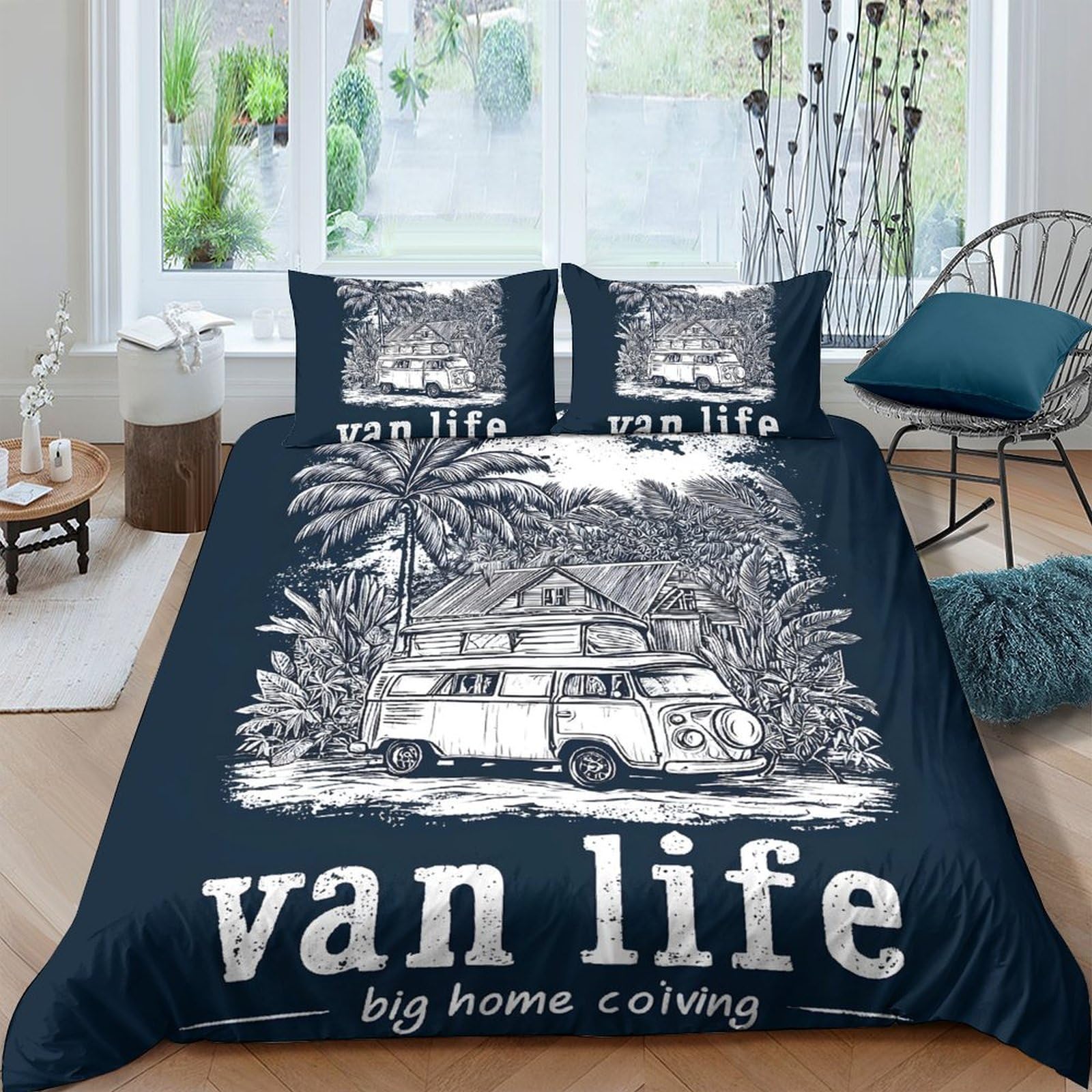 Ctjqhvkz Style-5 3D Printed Van Life Fitted Sheet Microfiber Navy Camper Palm Bed Cover For Bedroom Guest Room Dorm Decor Protection Single（135X200cm）