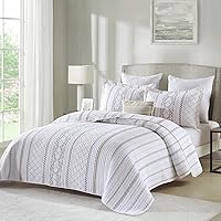 Vista 2 de PERHOM Juego de edredón 100% algodón tamaño Queen - 3 piezas, estilo bohemio, a rayas, ligero, suave, transpirable, juego de ropa de cama beige gris