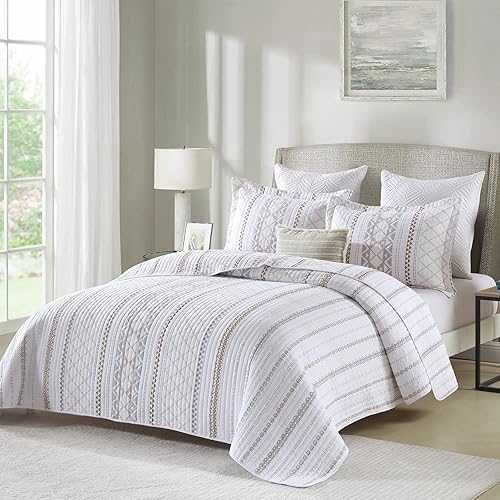 Miniatura 2 de PERHOM Juego de edredón tamaño King  Juego de edredón 100% algodón verde oliva y blanco, juego de ropa de cama de verano a rayas con 2 fundas de