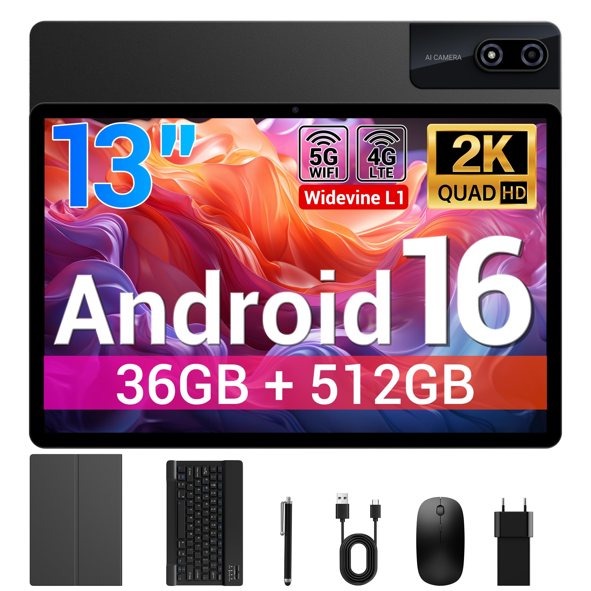 BEYNIVAN Tablet 13 Pollici Android 16 Tablet con 4G LTE/5G WiFi | 36GB RAM+512GB ROM+1TB Espansione | 2960x1848 FHD+, 1580mAh 20W,13MP+8MP,BT 5.0/GPS/Split-Screen/Face ID/Tab con Tastiera,Nero