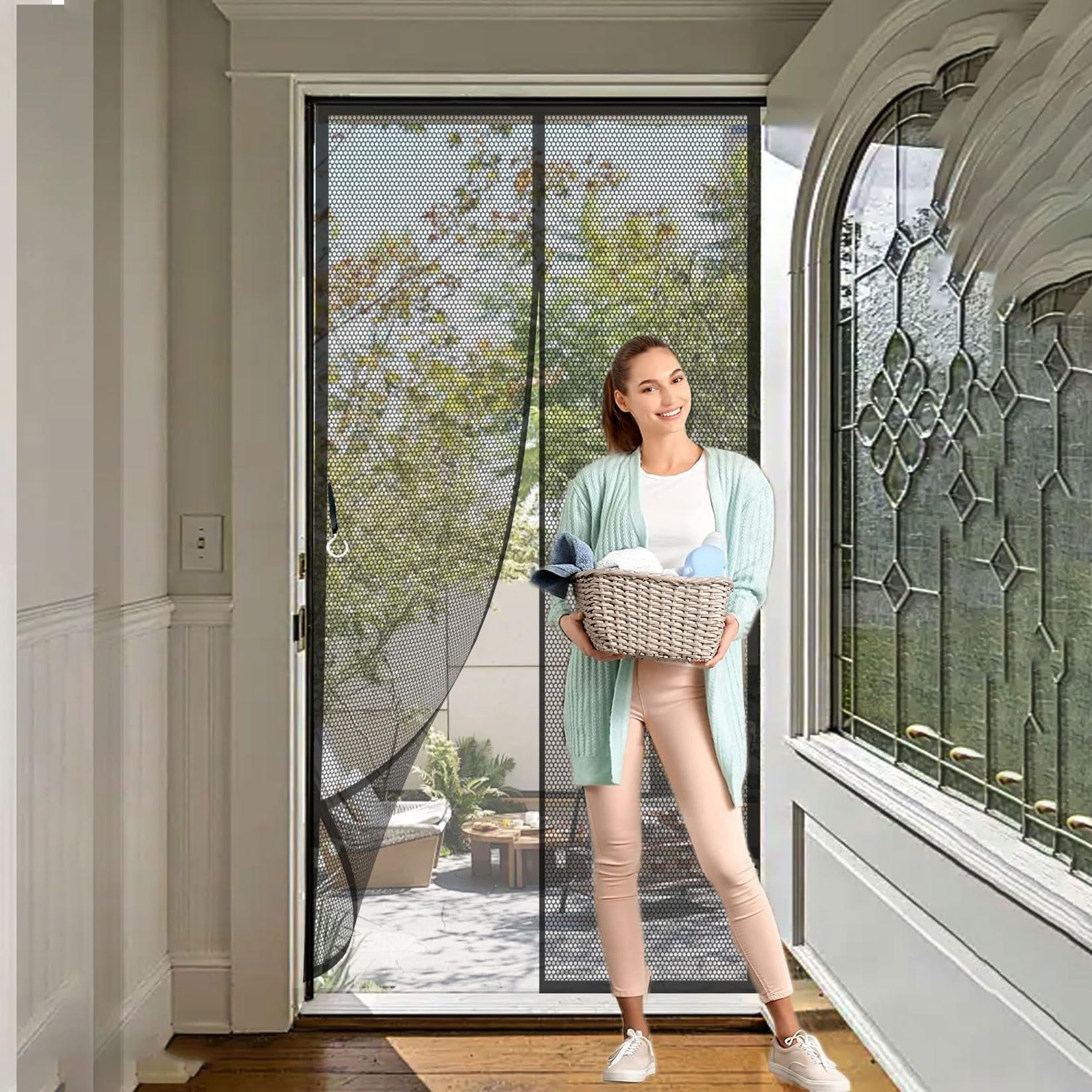 Magnetic Screen Door 86 x 243 cm with Magnets, Magic Tapes, Polyester Fly Screen Curtain Without Drilling, Heavy Duty for Keeping Out Flies, Black