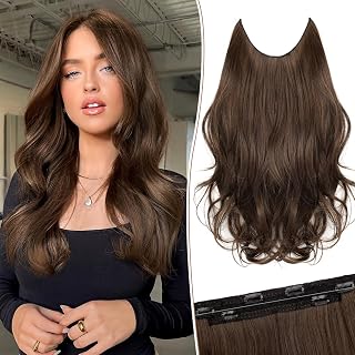KooKaStyle Invisible Wire Hair Extensions Long Straight Layered Synthetic with Transparent Wire Adjustable Size 6 Secure Clips Hairpieces for Women 16 Inch (16Inch, Medium Brown6/10#) - Amazon product rated Grade A