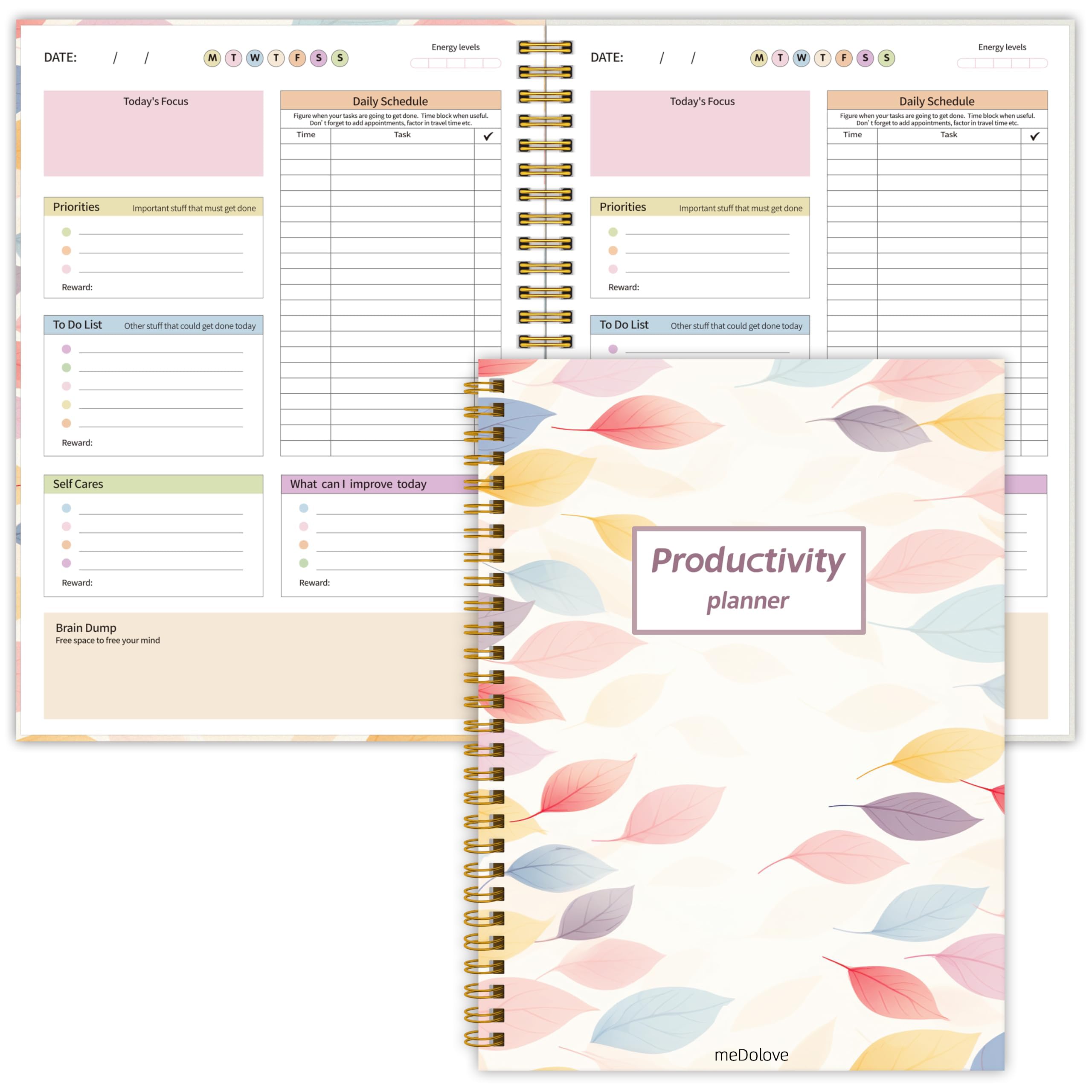 ADHD Planner for Women,Daily Productivity Planner with Task Management Organizer for Neurodivergent Adult,Teens , Self-Cares, Daily Schedule,To-Do List,Brain Dump,ADHD Journal with Cardboard Cover to Stay Organized and Focused (Colorful Leaves)