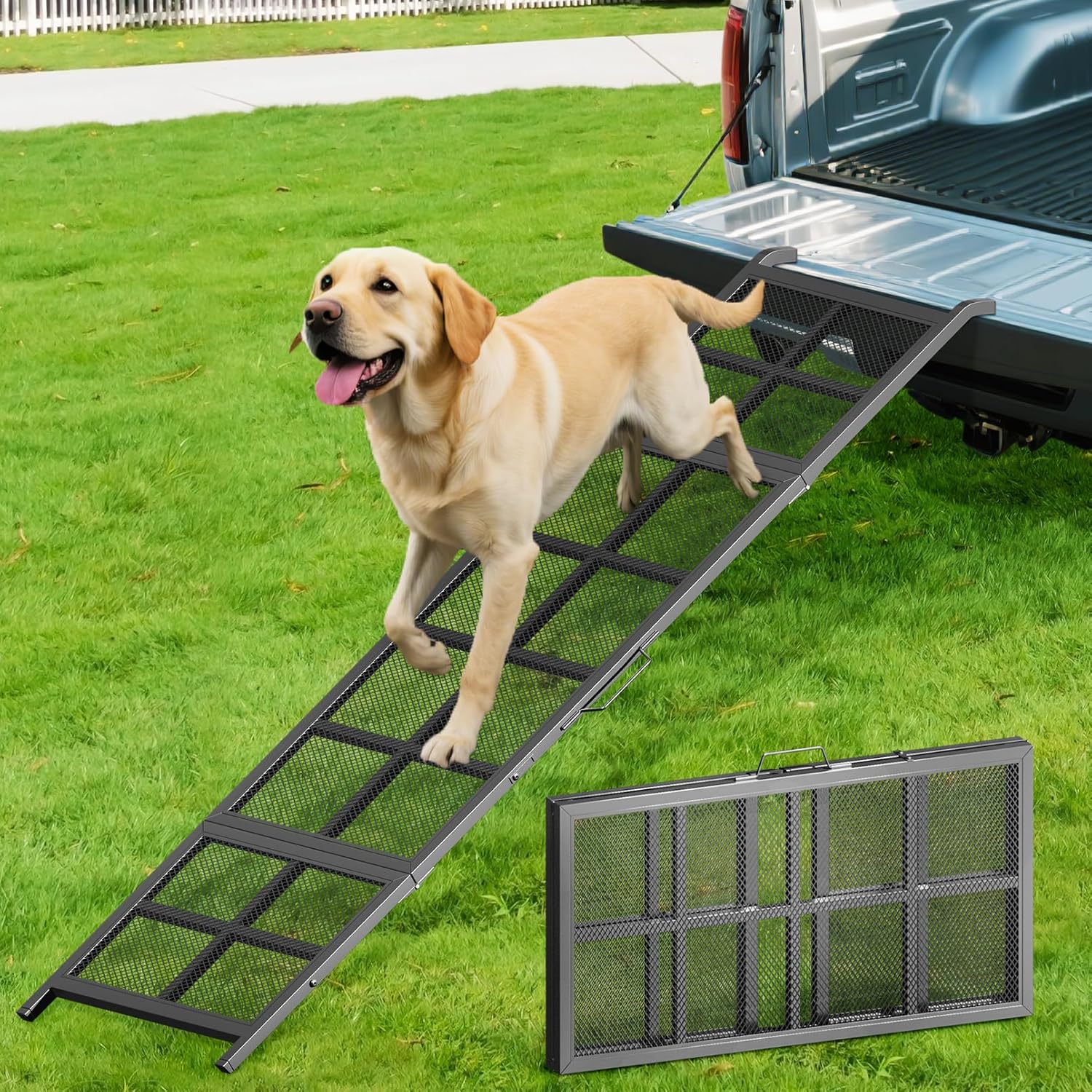 Dog Ramp for Car, 74″x 20″ Outdoor Folding Portable Pet Stair Ramp with Non-Slip Mesh, Extra Wide Dog Steps for Medium & Large Dogs Up to 300LBS, Dogs Cars Ramp for Car SUV/Truck/RV