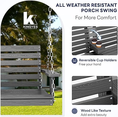 Miniatura 3 de KINGYES Columpio colgante para porche al aire libre, silla de patio de 2 asientos con portavasos, banco impermeable para patio y jardín, capacidad