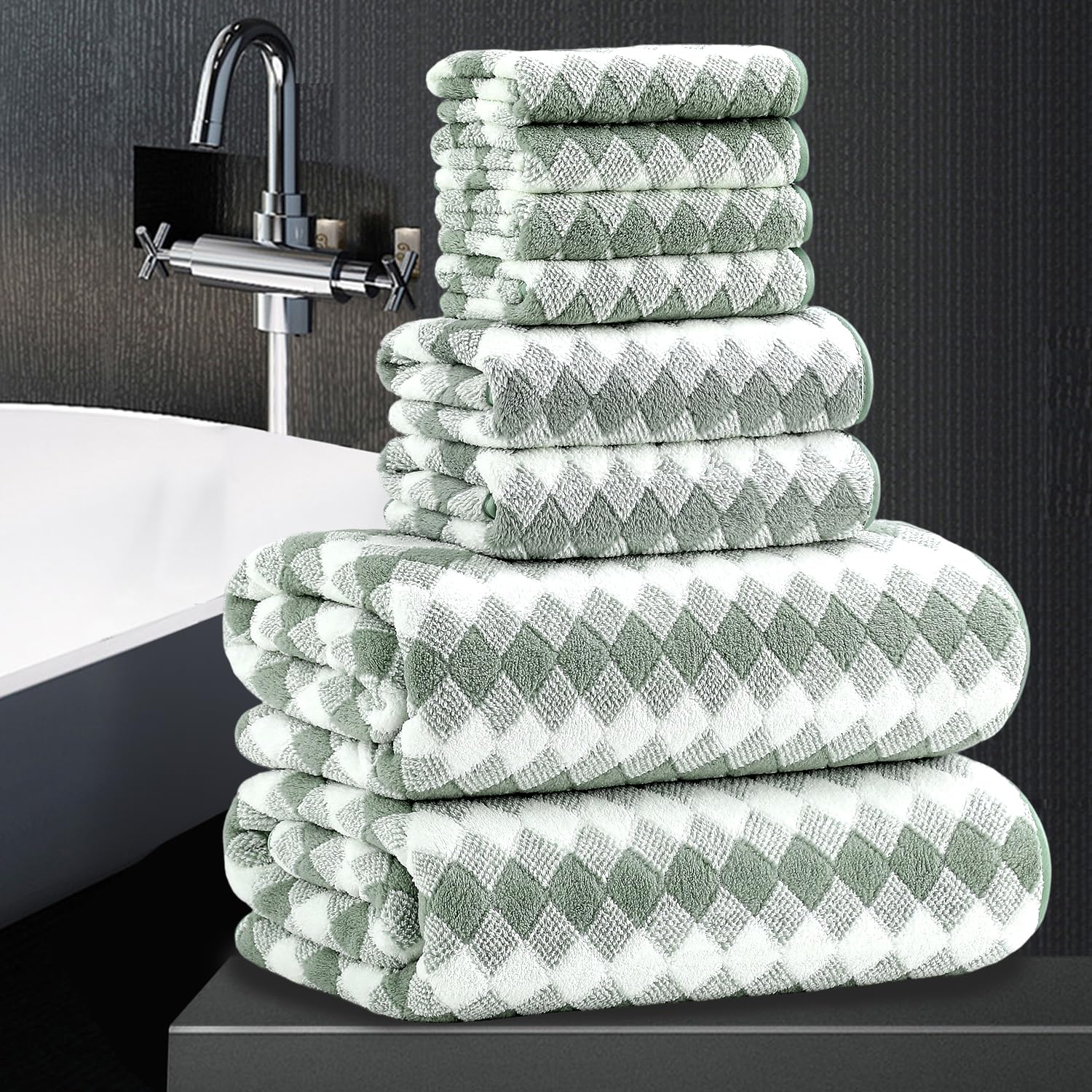 8 Piece Bathroom Towel Set Green |2 Oversized Large Bath Towels Sheet,2 Hand Towels and 4 Washcloths| 600GSM Ultra Soft Luxury Premium Towel Set