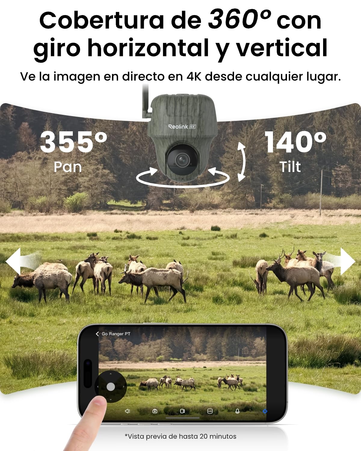 Reolink 4K 3G/4G Camara Vigilancia Exterior Tarjeta SIM Batería Recargable | Visión Nocturna IR sin Resplandor, Detección de AI, Reconocimiento de Animales, Go Ranger PT+Panel Solar 6W+Tarjeta SD 32 GB