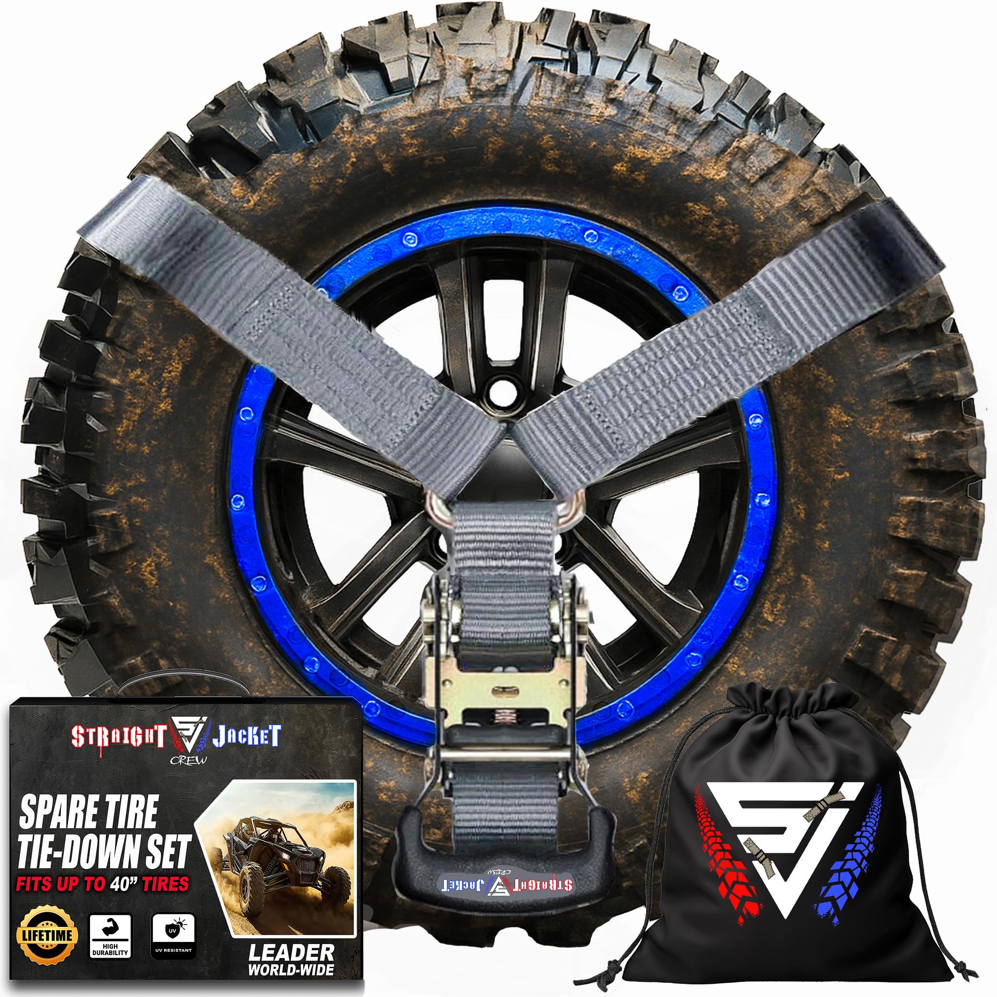 Y Strap for Spare Tire - Heavy Duty Spare Tire Strap 3 Point Ratchet for UTV, Offroad Accessories or Roof Rack | 1.6" Wide 3 Way Strap Can Secure Up to 40" Tire by Straight Jacket Crew (Grey)