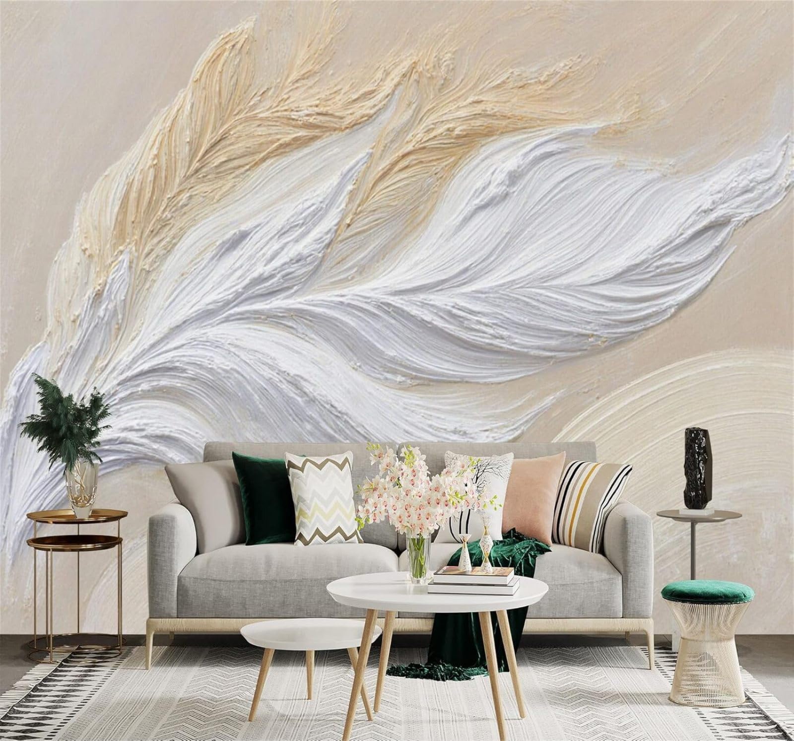 XLMING Beige White Abstract Feathers Texture 3D Wallpaper Silky Texture Home Study Office Grey Dining Room Sofa Bedroom Living Room TV Backdrop-150cm×105cm