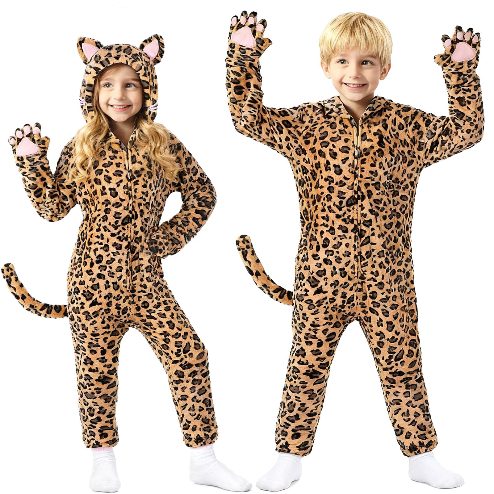 Maryparty Cheetah Onesie Cat Costume for Kids Halloween Fleece Leopard Costumes Animals Cosplay Dress Up (Leopard print, 100)