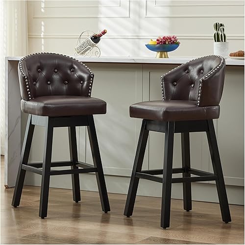 Taburetes de bar giratorios de 29 pulgadas tapizados de piel sintética con respaldo, sillas de bar modernas de altura de mostrador para isla de