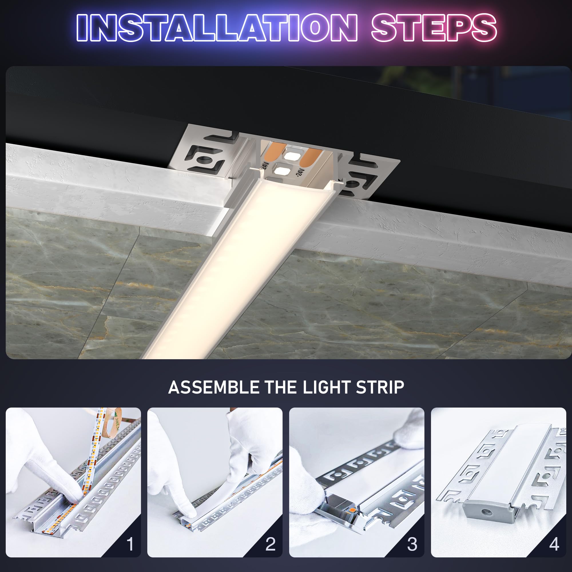 Profilo per piastrelle a LED, 2 m × 16, profilo a LED, da incasso, 61,8 × 13,8 mm, larghezza interna 20 mm, per cartongesso e bagno