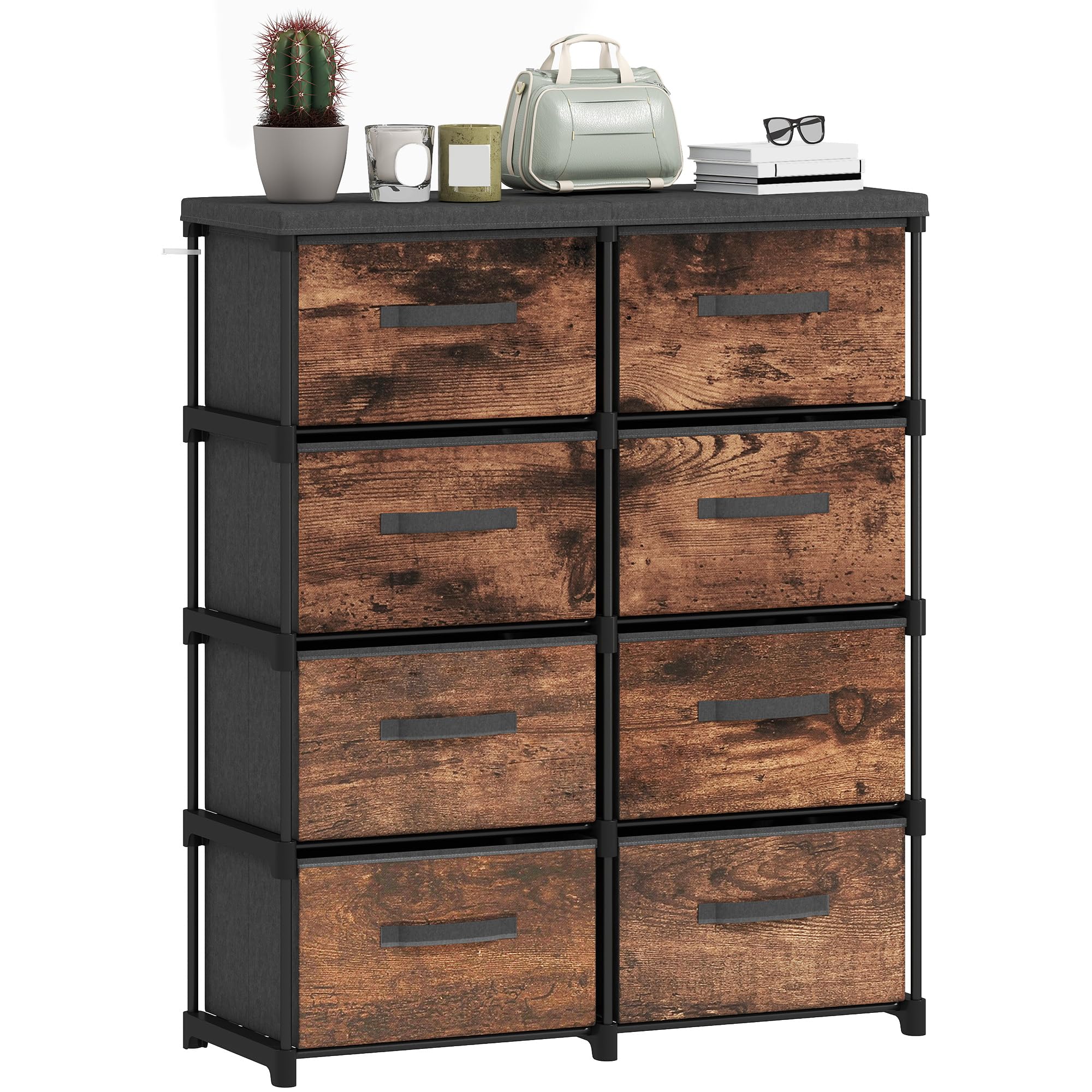HOMCOM Cassettiera in Tessuto 8 Cassetti 84.5x30.5x100 cm Marrone Rustico | Salvaspazio, Mobile con Cassetti Industriale in Metallo, per Camera da Letto, Bagno e Soggiorno