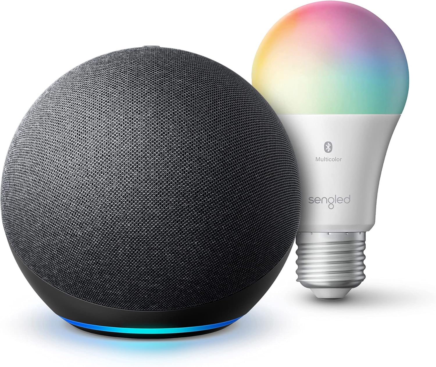 Echo (4th Gen) International Version – With premium sound, smart home hub, and Alexa – Charcoal with Sengled Bluetooth Color bulb