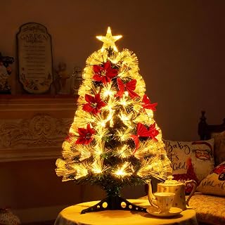 Joyhalo 3 FT Fiber Optic Mini Christmas Tree, Pre Lit Christmas Tree, Table Top Small Christmas Trees with Star Tree Topper,Flowers, Bows, Metal Stand