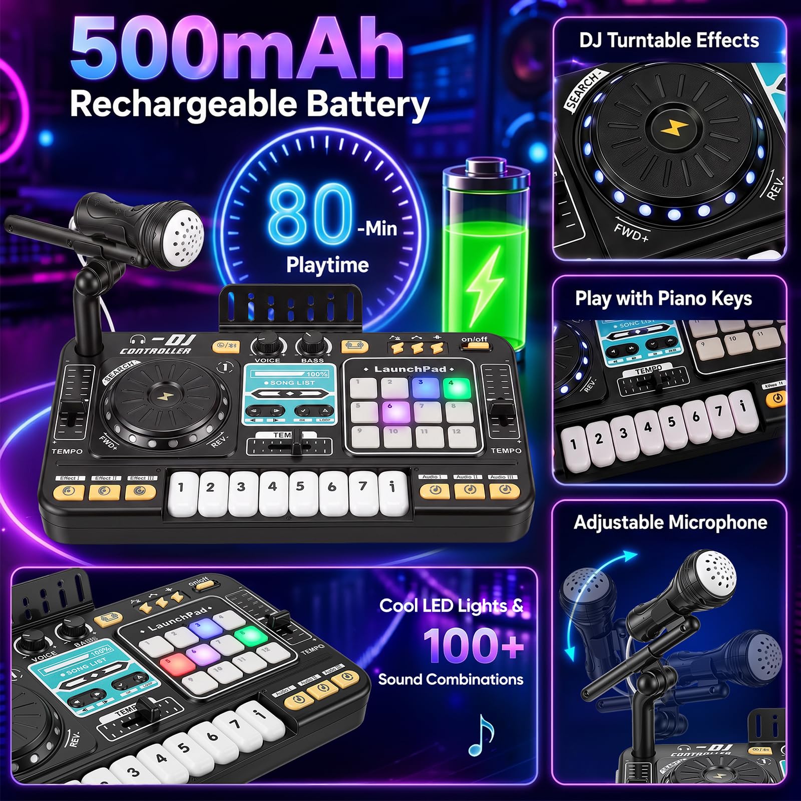 DJ Mischpult DJ Pult für Kinder 3-9 Jahre, DJ Controller DJ Mixer Musikinstrumente mit Mikrofon 100+ Soundeffekten Licht Akku, Geschenk für Jungen Mädchen 3-9 Jahre