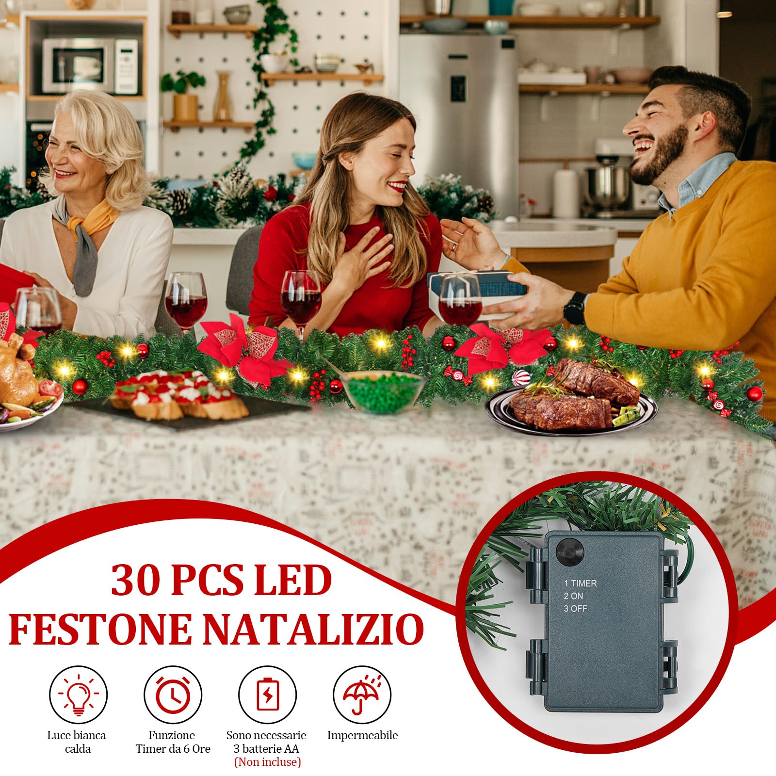 Ghirlanda Natalizia, 2.7M Ghirlande Natalizie Decorazioni Natalizie per la Casa,Ghirlanda Natalizia con Luci Alimentate Batterie,Festone Natalizio per Porta,Camini,Scale,Addobbi Natale Interni/Esterni