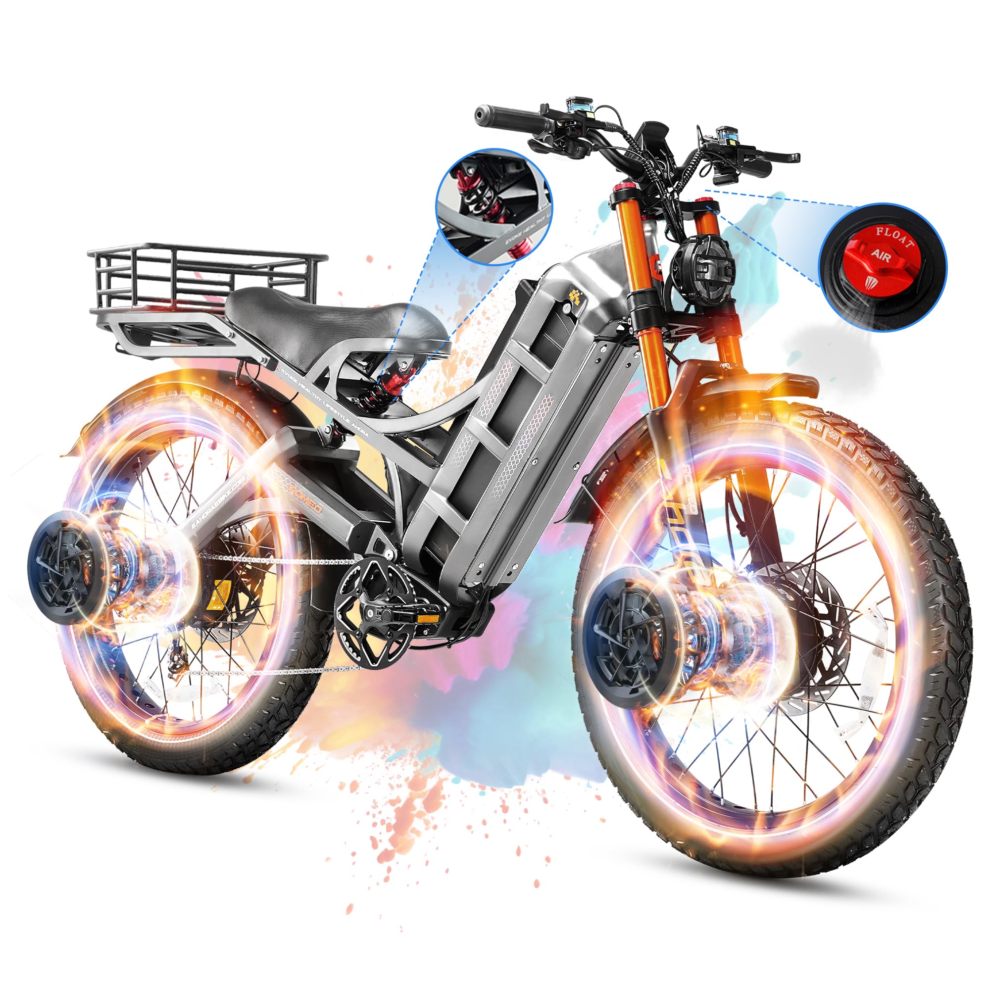 eAhora 2026 Romeo Pro 3/2 52-46Mph Electric Bike for Adults 6000W/4000W/2500W Dual Motor Ebike 60V/80Ah 52V/70Ah Long Range Fat Tire Full Suspension Electric Mountain Bicycle