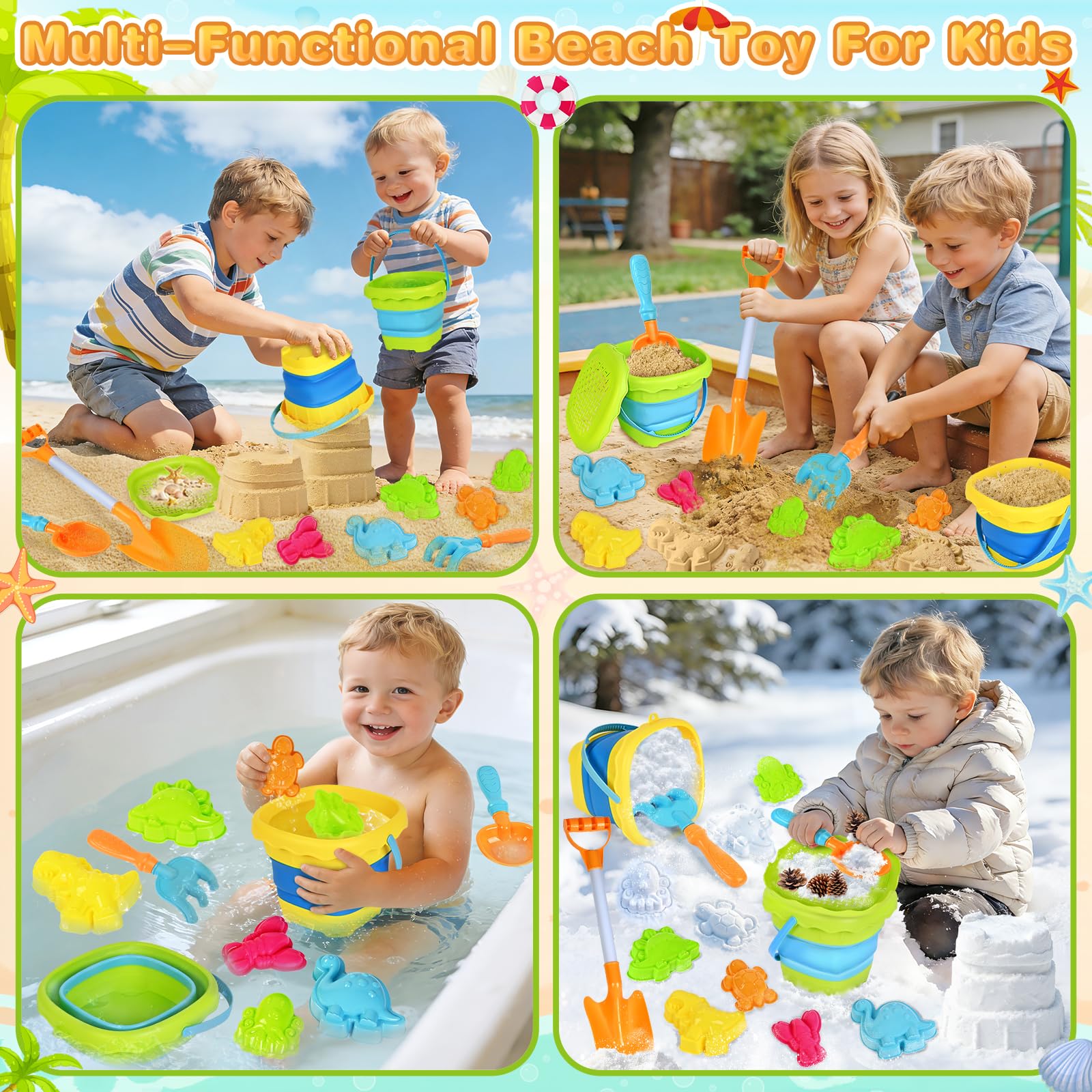 AuroTops Zusammenklappbarer Strand-Sandeimer mit Schaufeln, Sommerreise, Strandspiel-Set