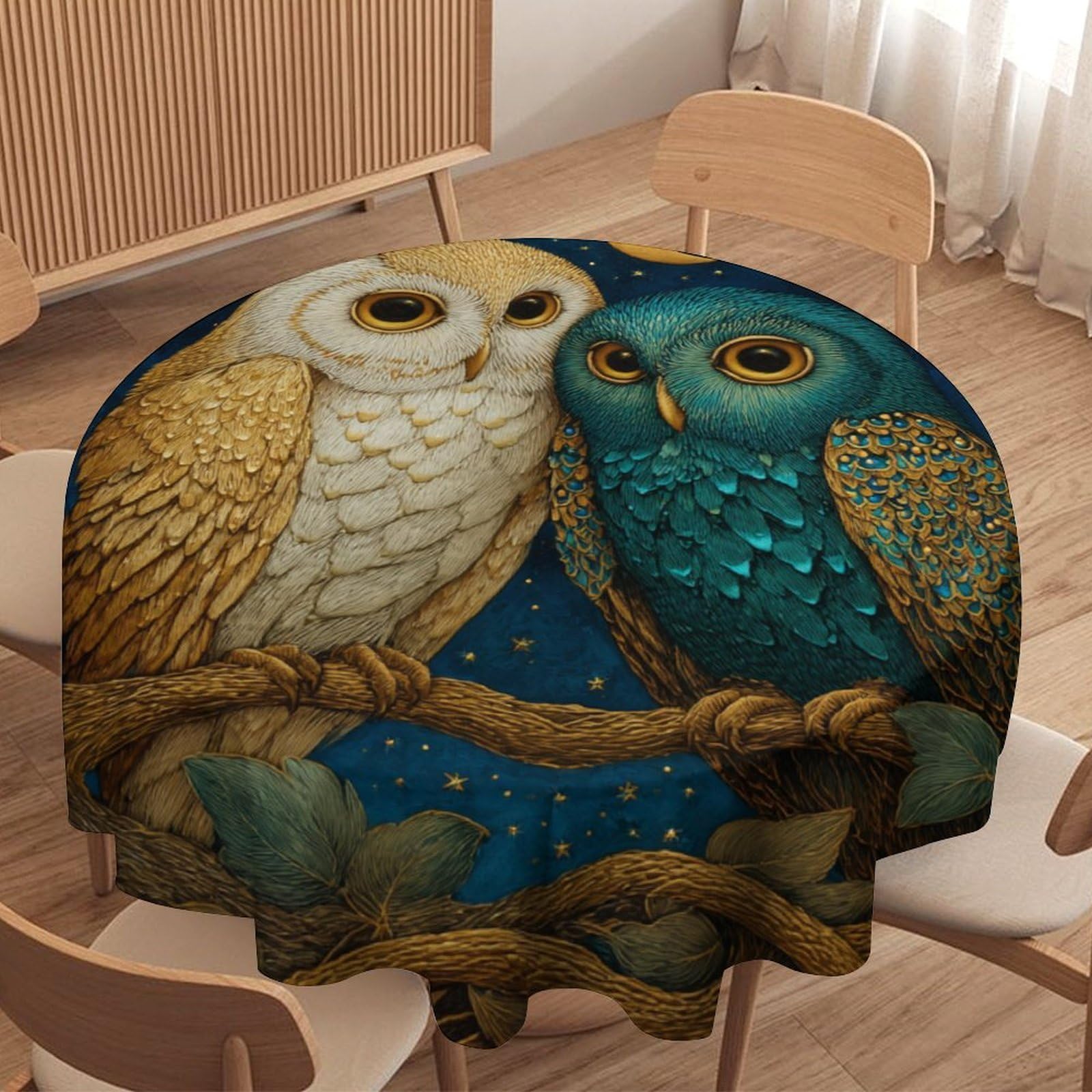 LUYYSKY Funny Classic Birds Owls Round Tablecloth Colorful Vintage Starry Sky Plants Trees Animals Owls Pattern Washable Decor for Table Cover for Kitchen-70 Wx70 L